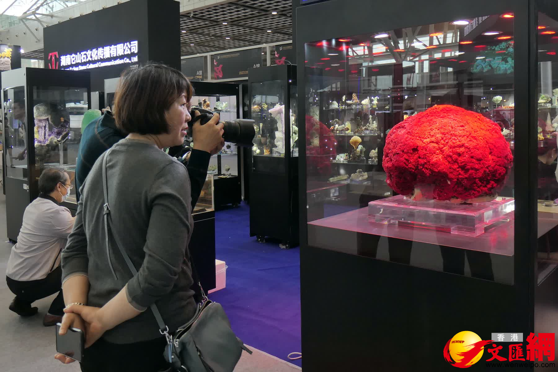 圖為觀眾參觀現場展出的珍稀紅珊瑚石「海洋之心」。（賀鵬飛攝）