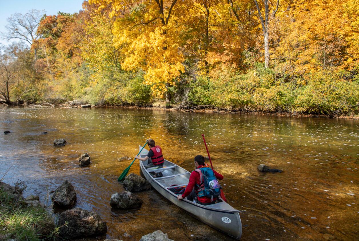 10月11日，在美國密歇根州東部利文斯頓縣，人們在哈得孫河上划獨木舟。(新華社)