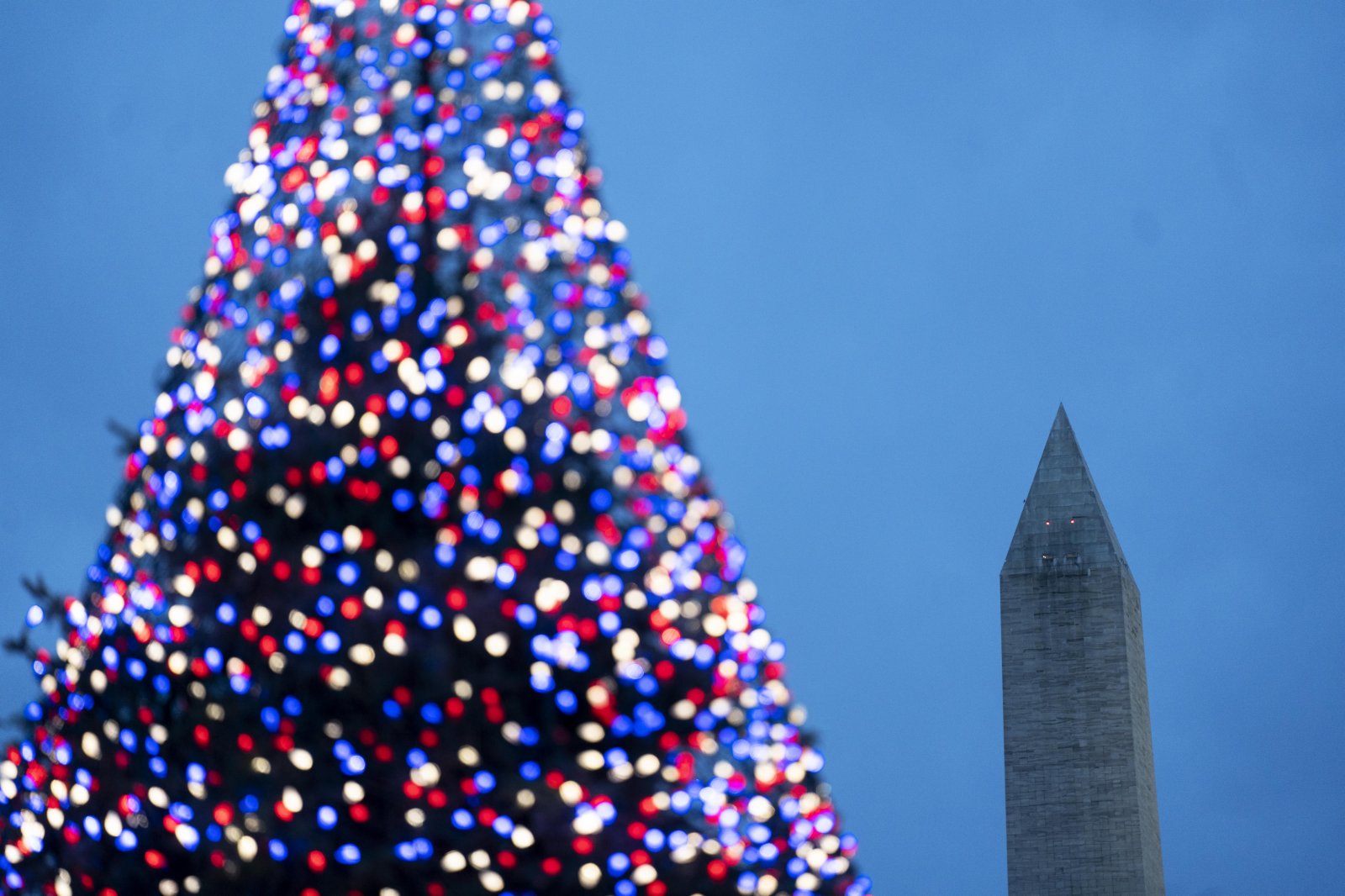 這是12月4日在美國華盛頓白宮附近拍攝的國家聖誕樹和華盛頓紀念碑。（新華社圖片）