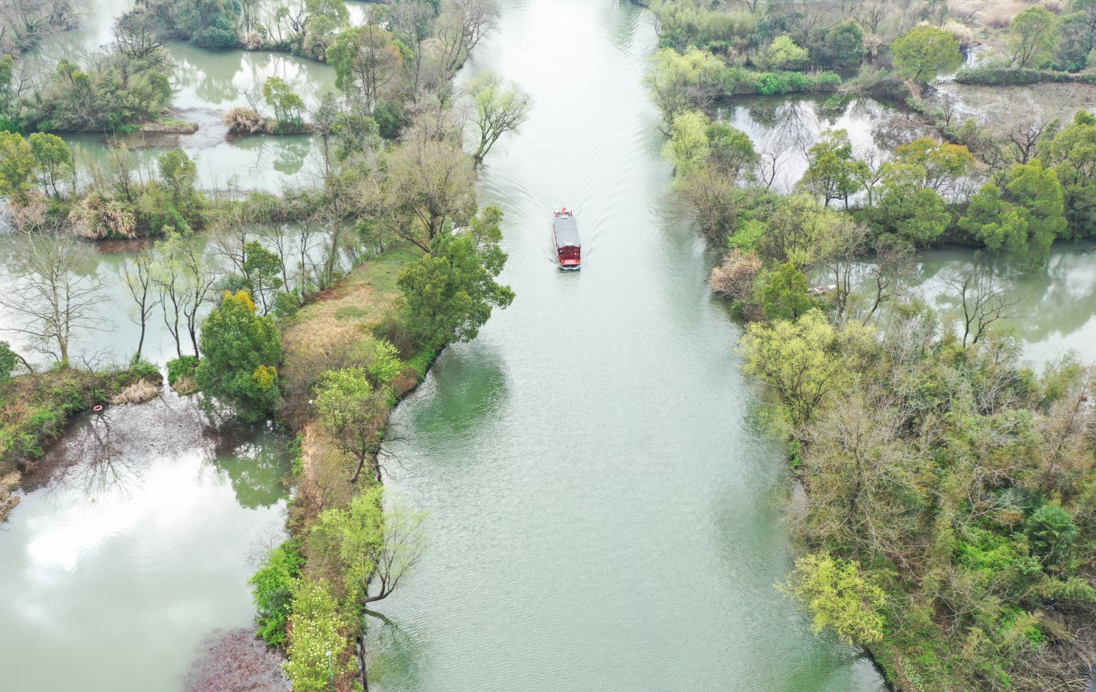 3月2日，遊船行駛在西溪濕地水道上（無人機照片）。（新華社）