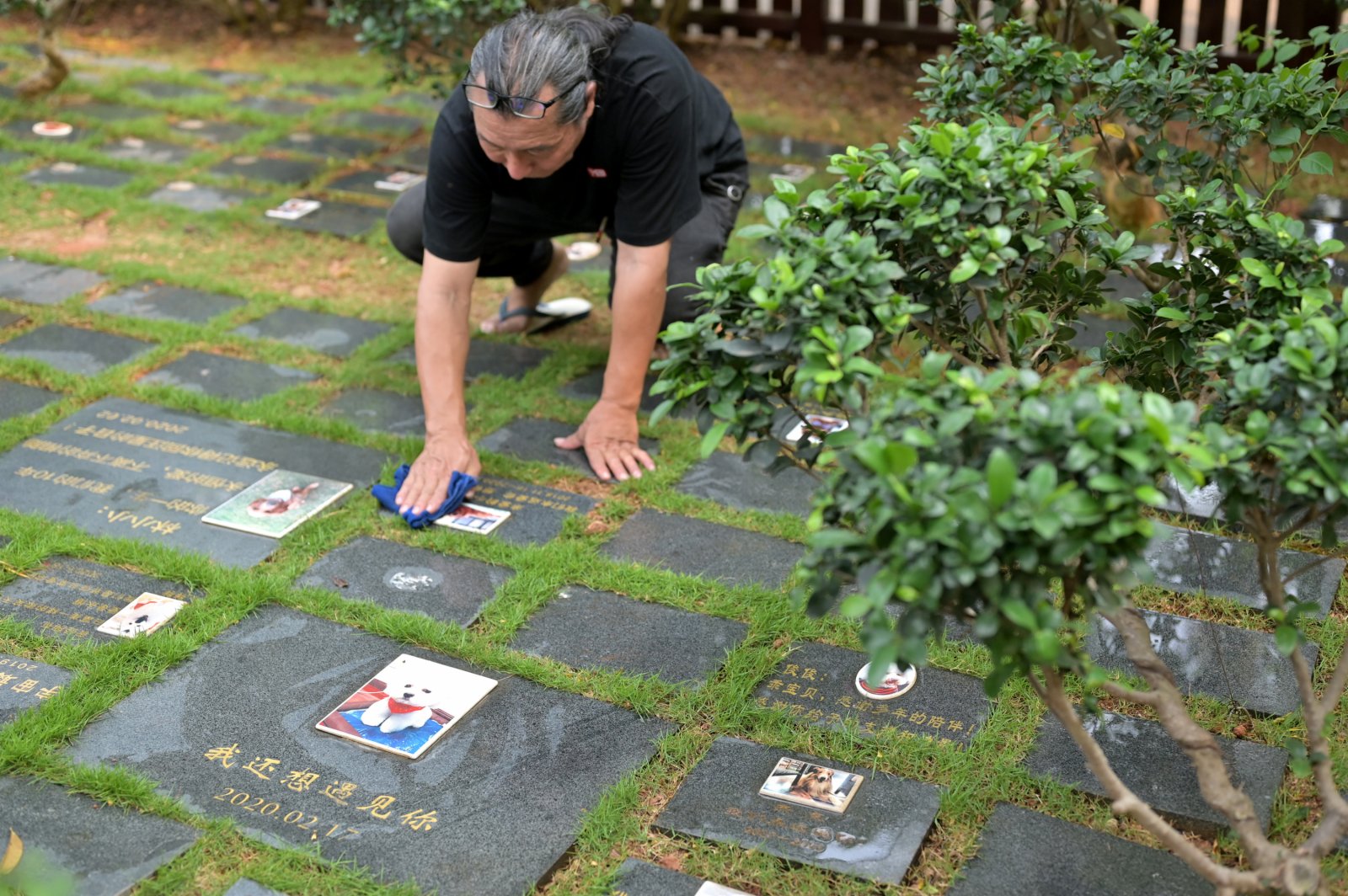 4月1日，廣西南寧市一寵物莊園內，李誠宗正在打理寵物墓園，擦拭墓碑。