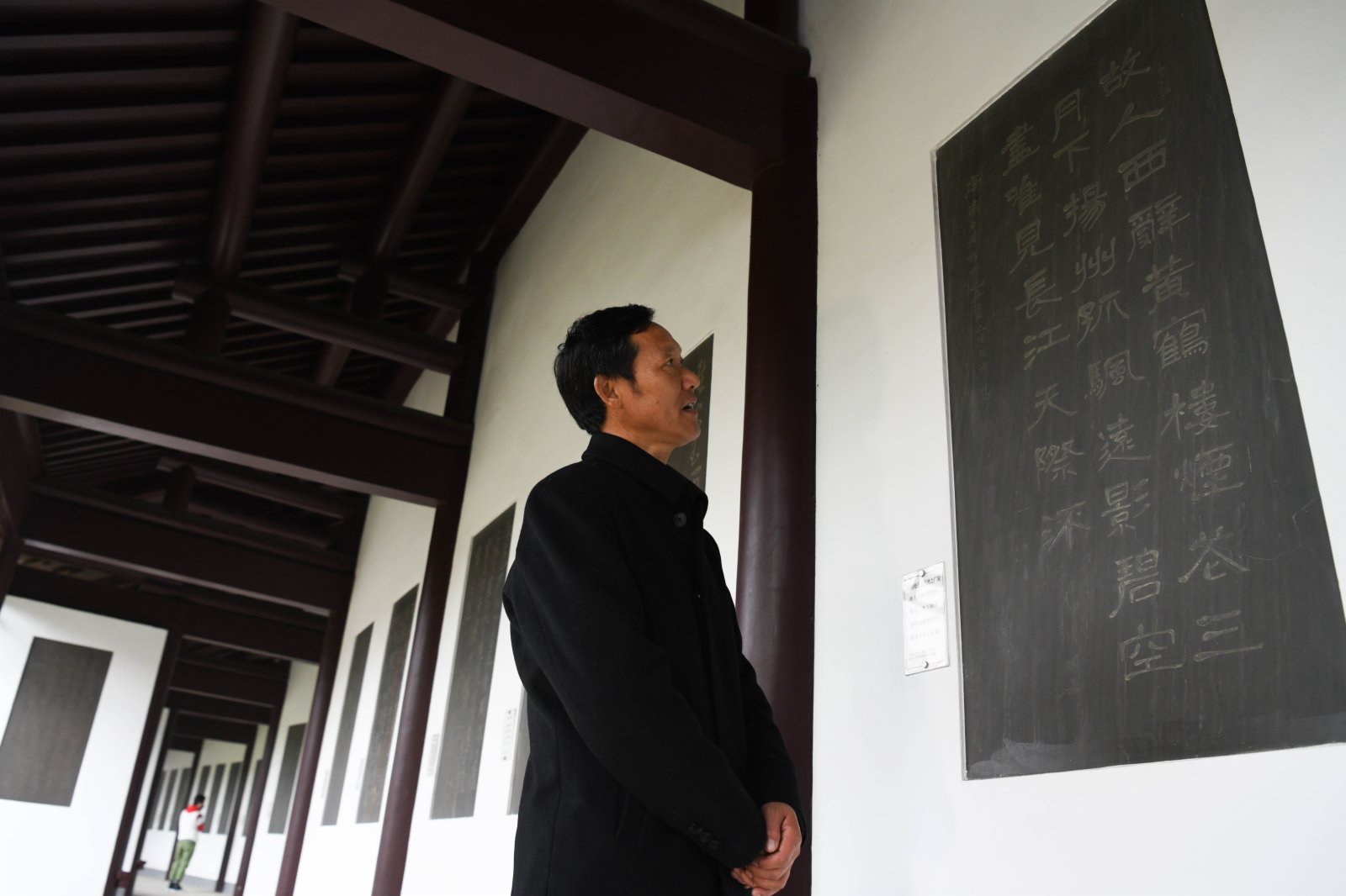 3月31日,谷常新在李白文化園太白碑林景點內觀看詩碑。(新華社) 3月31日,谷常新在李白文化園太白碑林景點內觀看詩碑。(新華社)