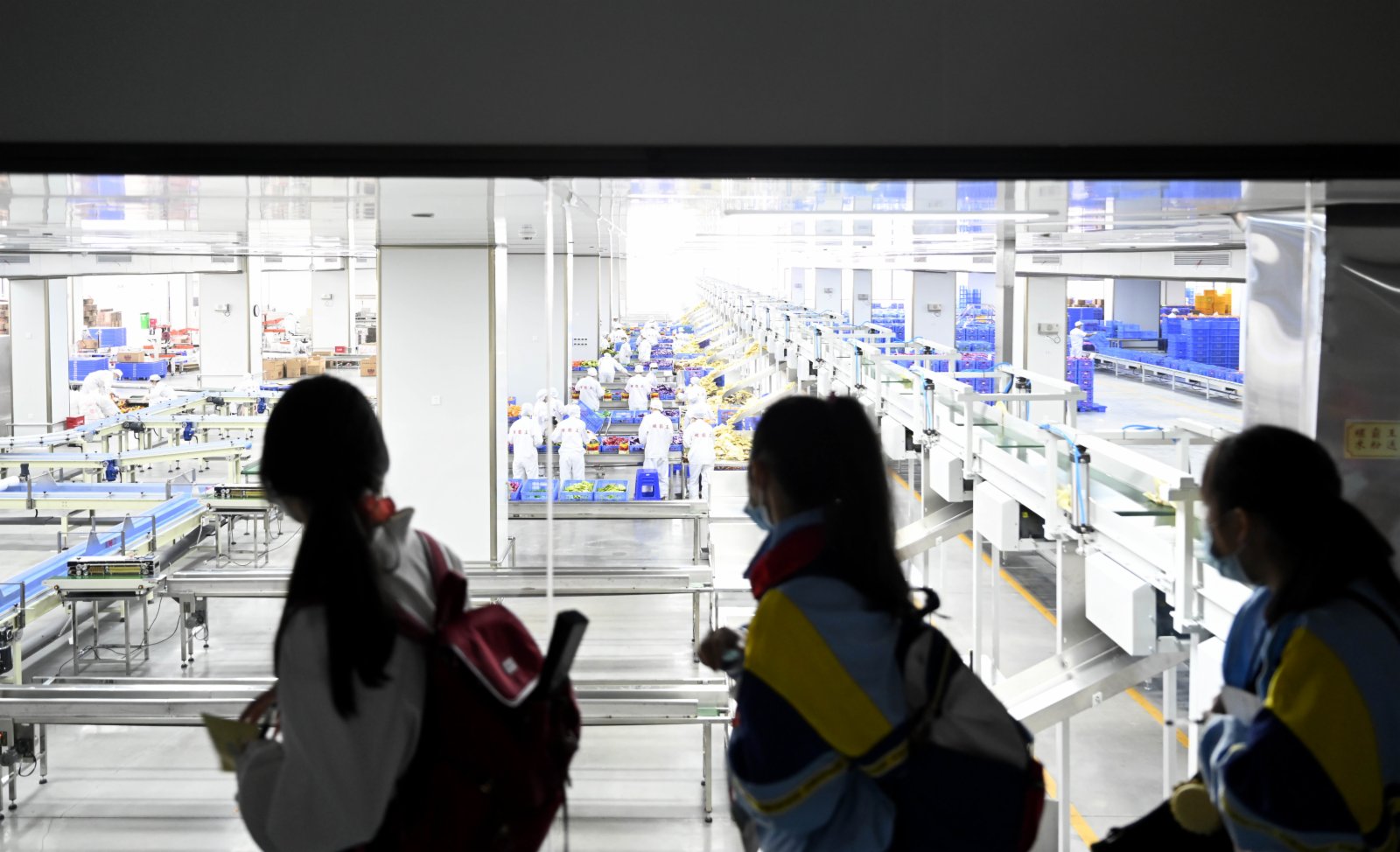 在廣西柳州螺螄粉產業園，參加研學團的學生在一家螺螄粉企業裡參觀生產車間。