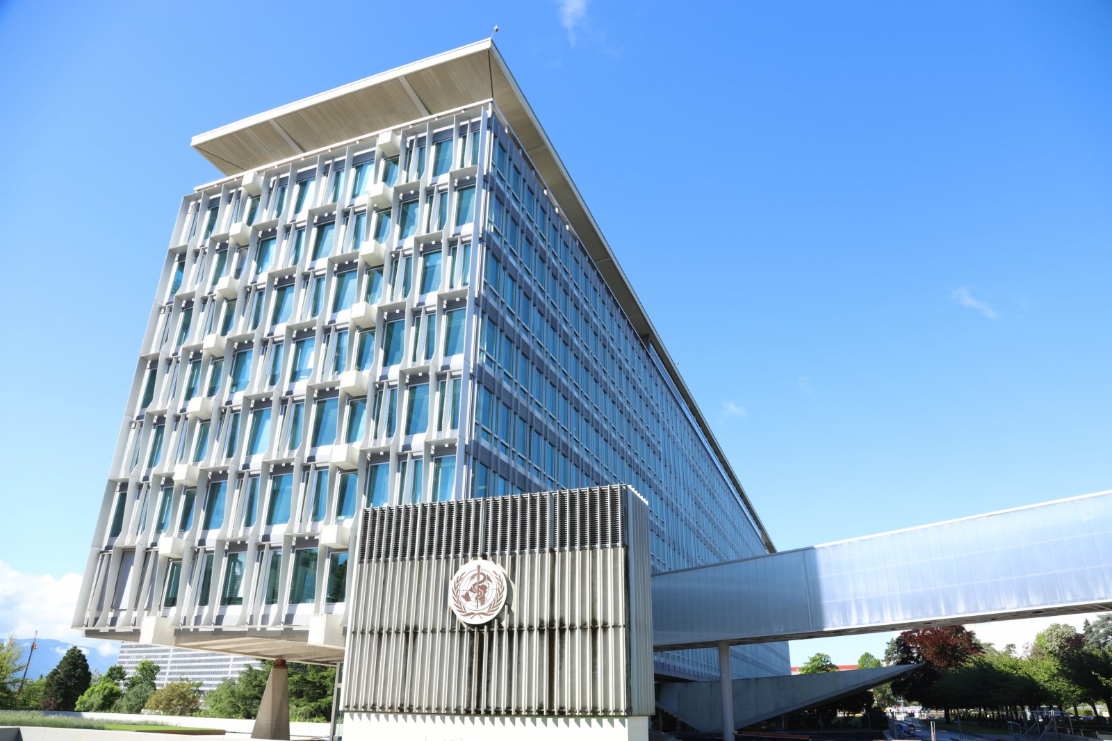 這是5月20日拍攝的位於瑞士日內瓦的世界衞生組織總部外景。