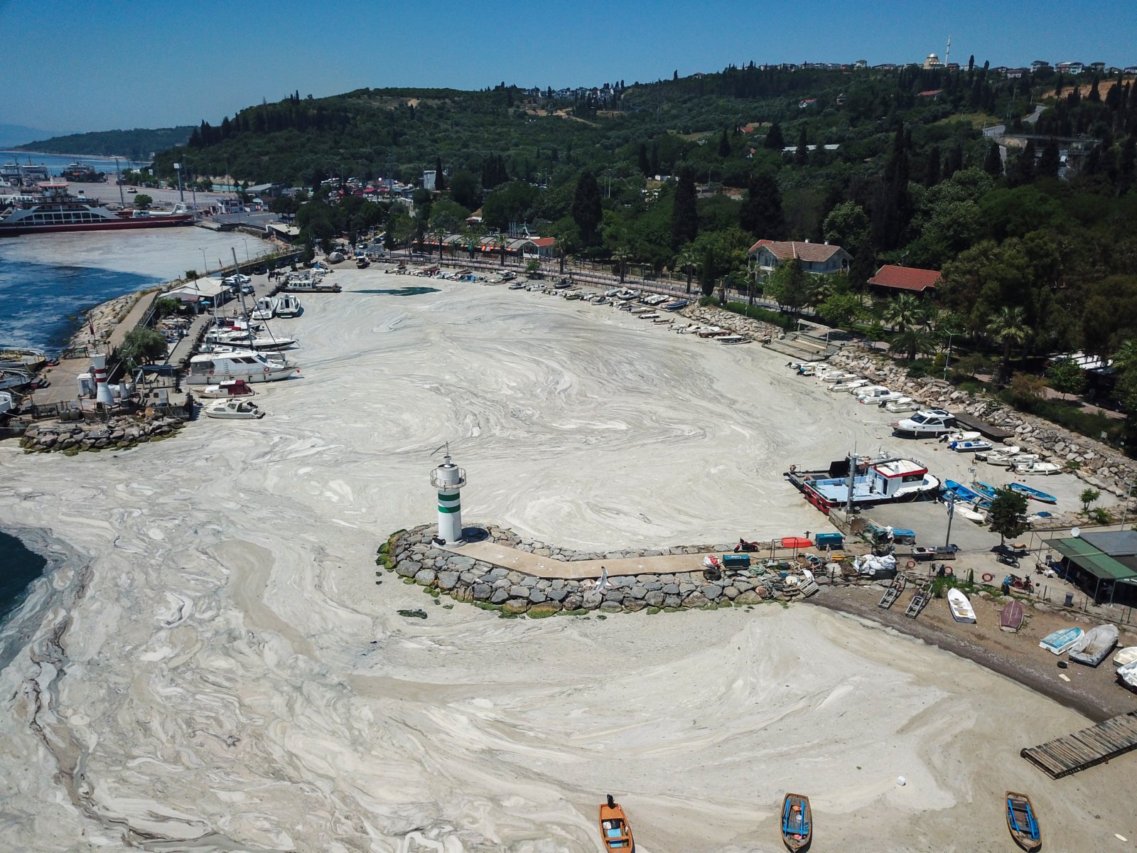 這是6月6日在土耳其伊斯坦布爾附近的馬爾馬拉海岸邊拍攝的「海鼻涕」（無人機照片）。（新華社）