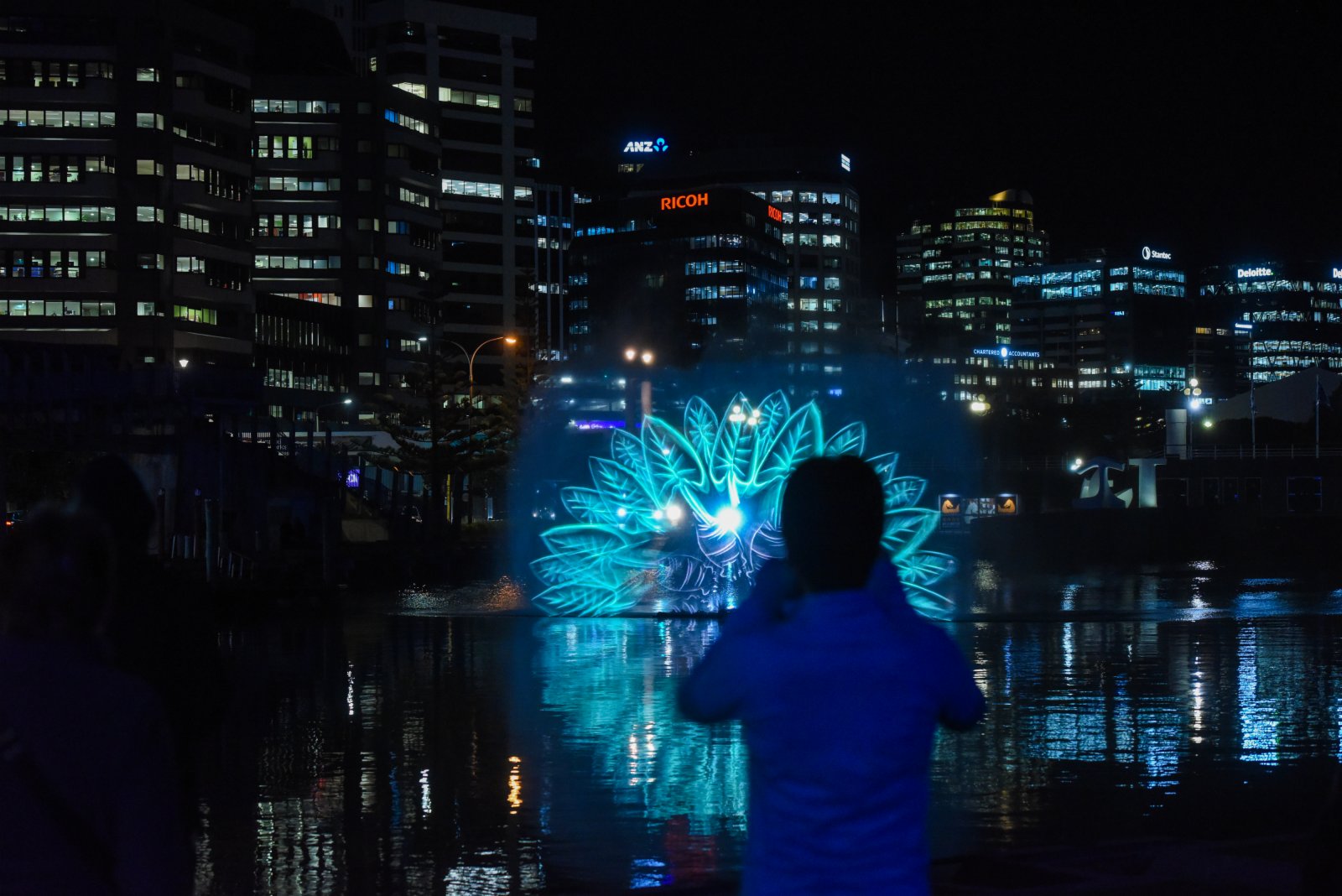 這是7月8日在新西蘭惠靈頓海濱拍攝的毛利新年主題水幕秀。（新華社）