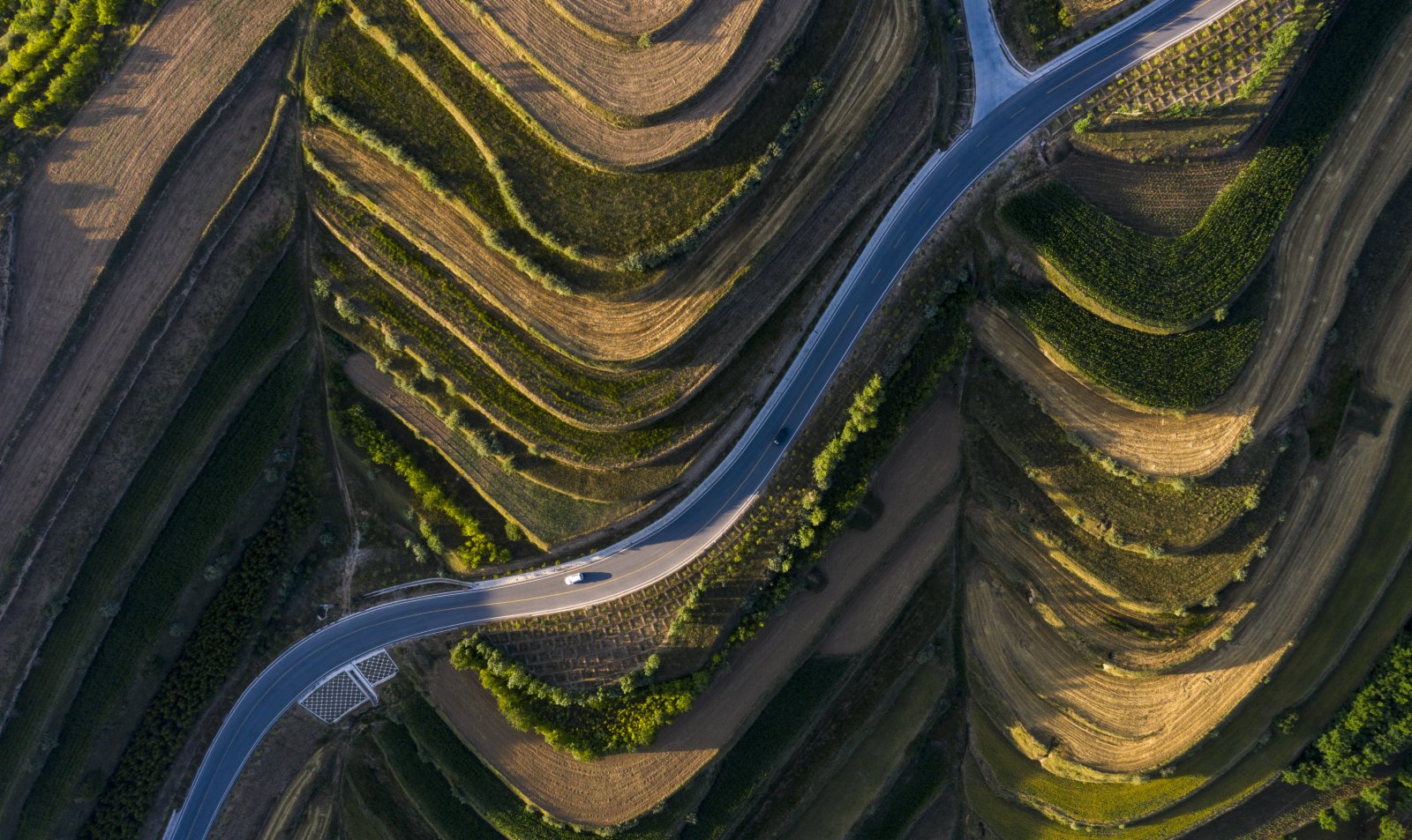 這是7月13日在寧夏固原市彭陽縣拍攝的青雲灣旱作梯田公園（無人機照片）。（新華社）