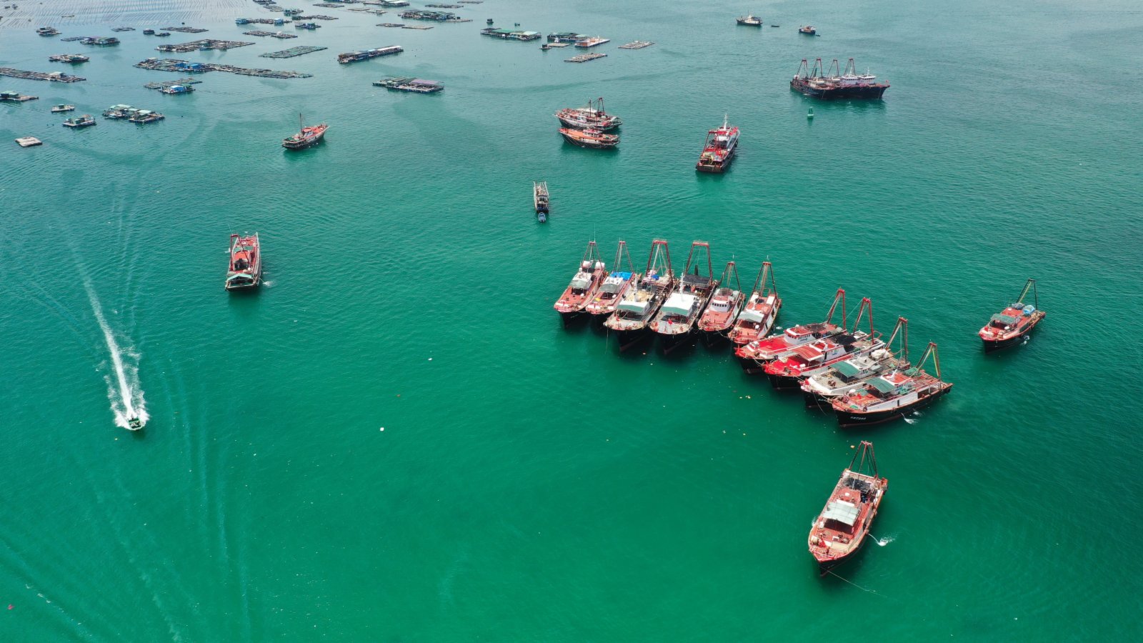位於廣東省深圳市大鵬南澳海域大中小型漁船紛紛起航出海。（中新社）