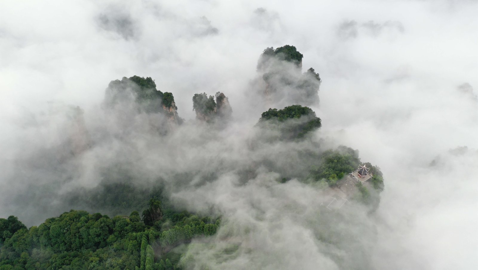 這是8月28日在張家界武陵源景區黃石寨拍攝的雲海景觀（無人機照片）。 新華社
