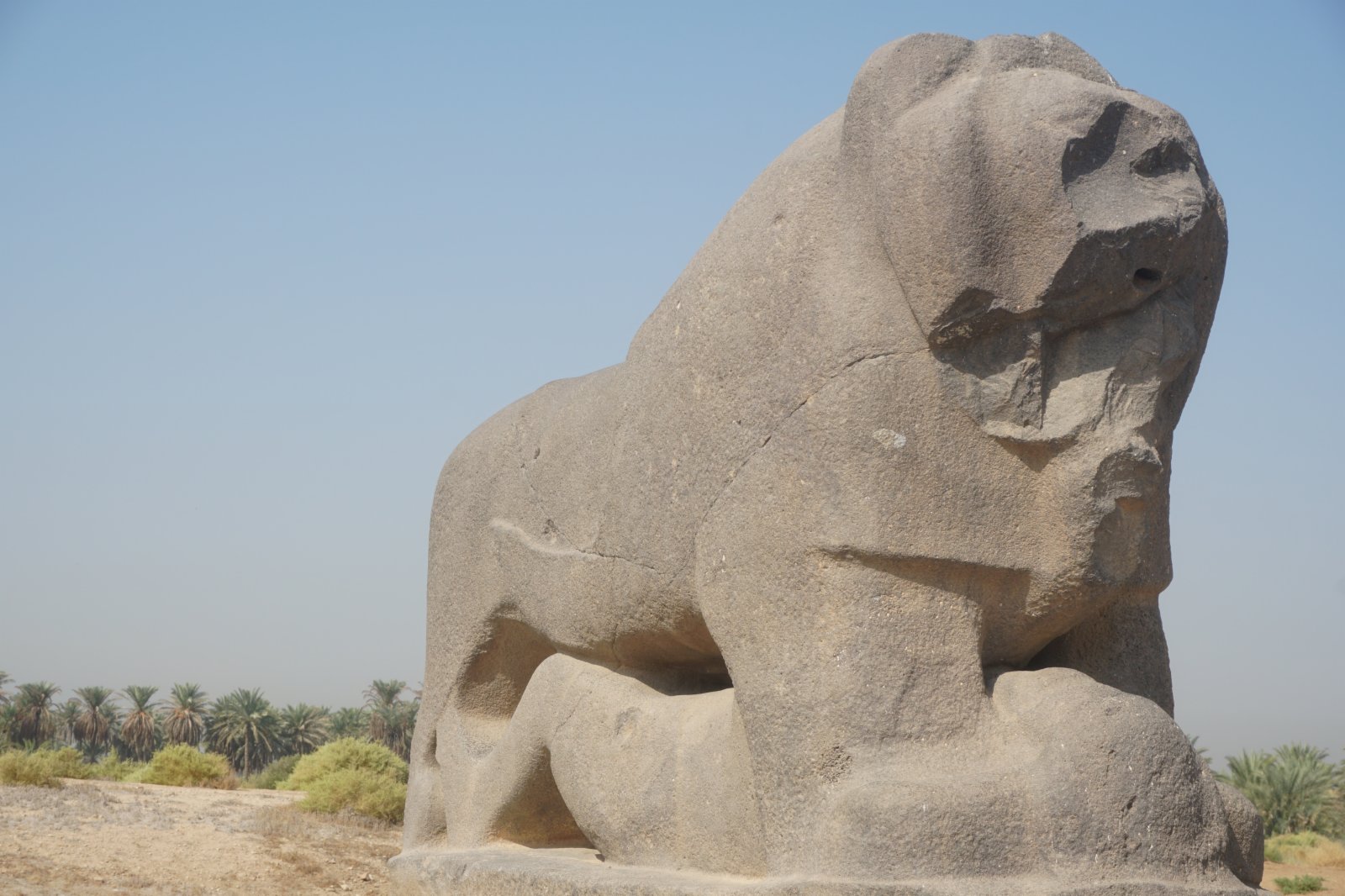 這是10月16日拍攝的伊拉克巴比倫古城遺址內出土的巴比倫石獅雕像。（新華社）