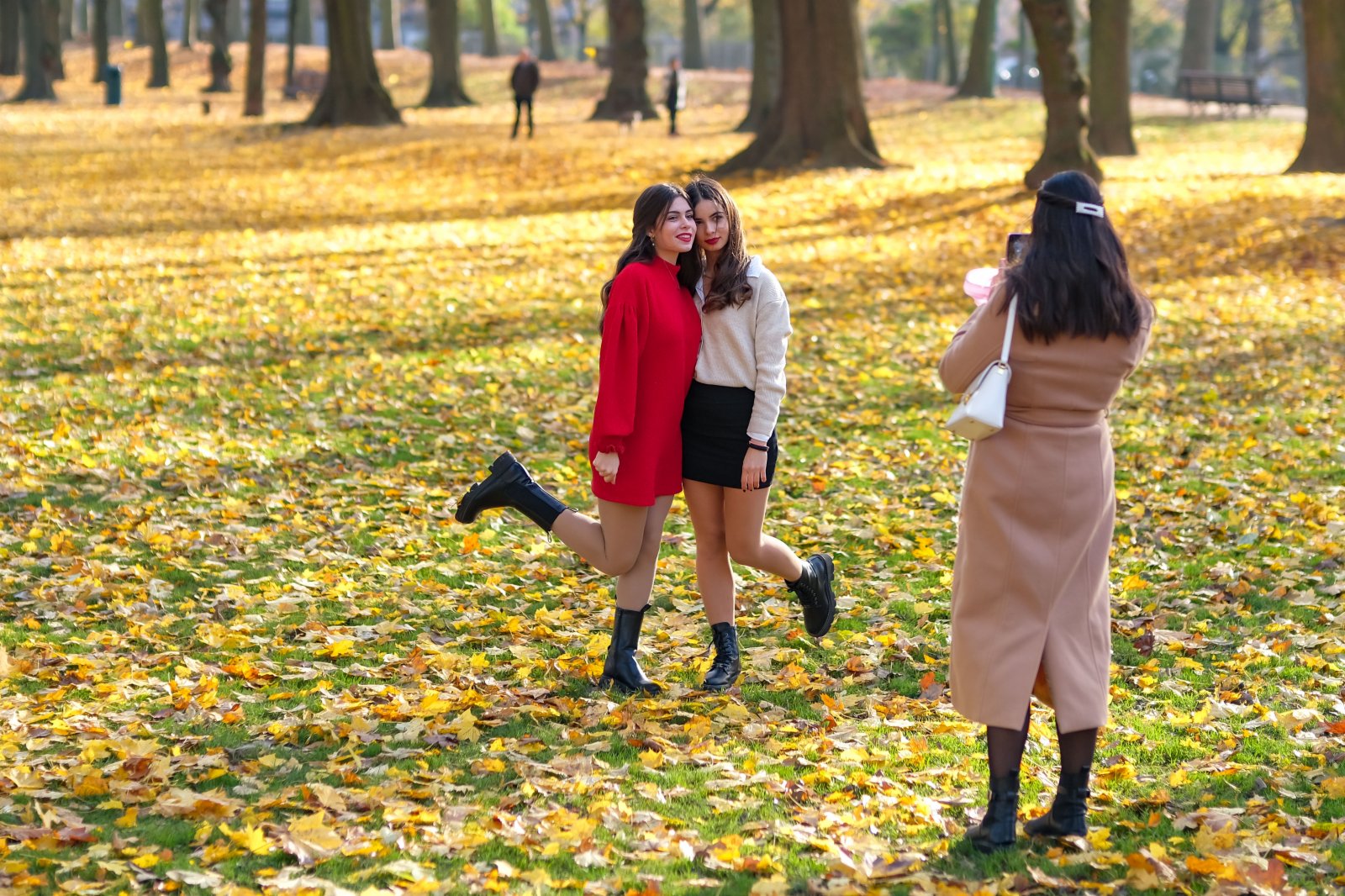 11月18日，人們在比利時布魯塞爾的五十周年紀念公園拍照留影。（新華社）