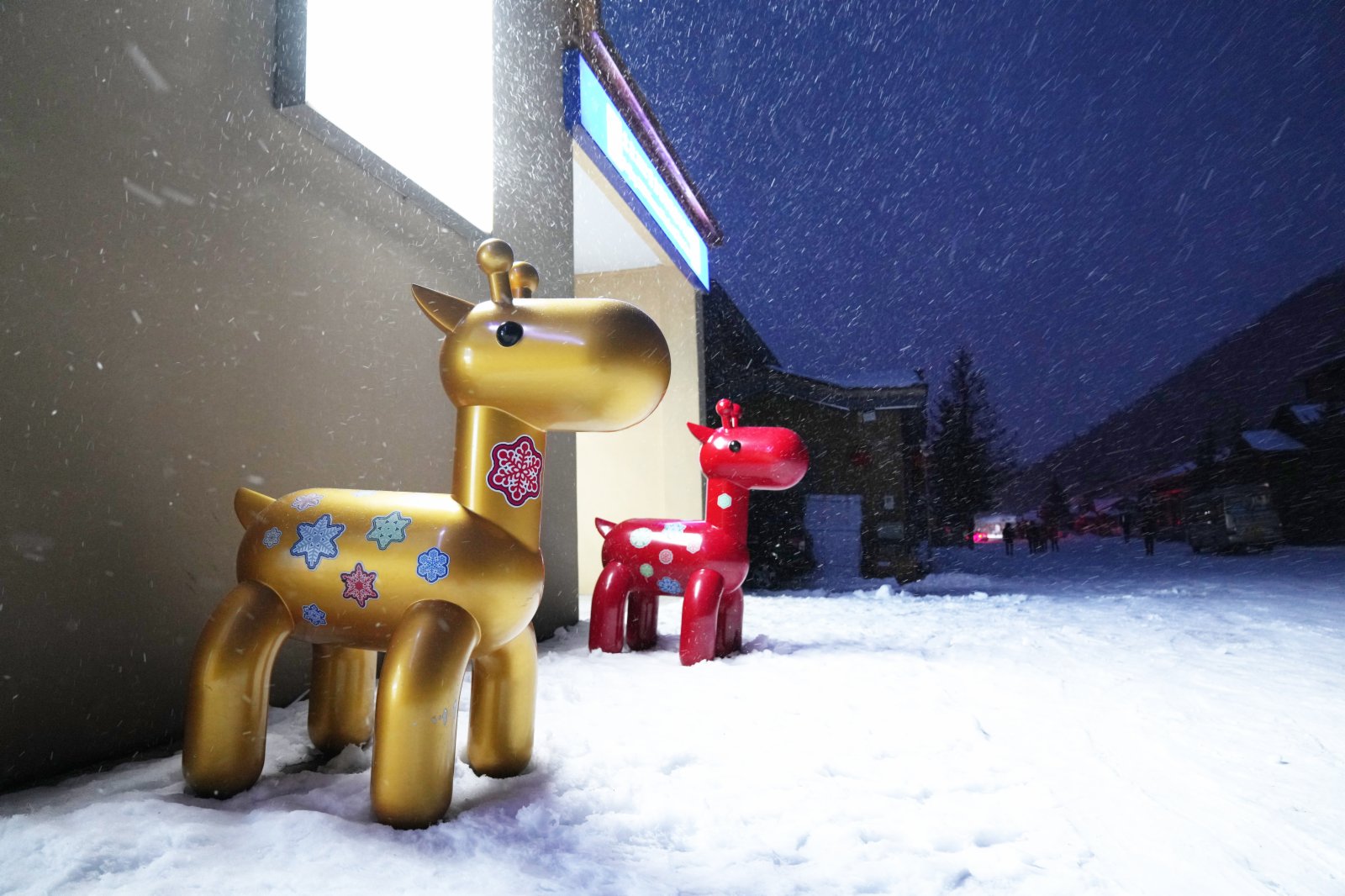 雪鄉吉祥物「福鹿」在雪夜中（11月18日攝）。（新華社）