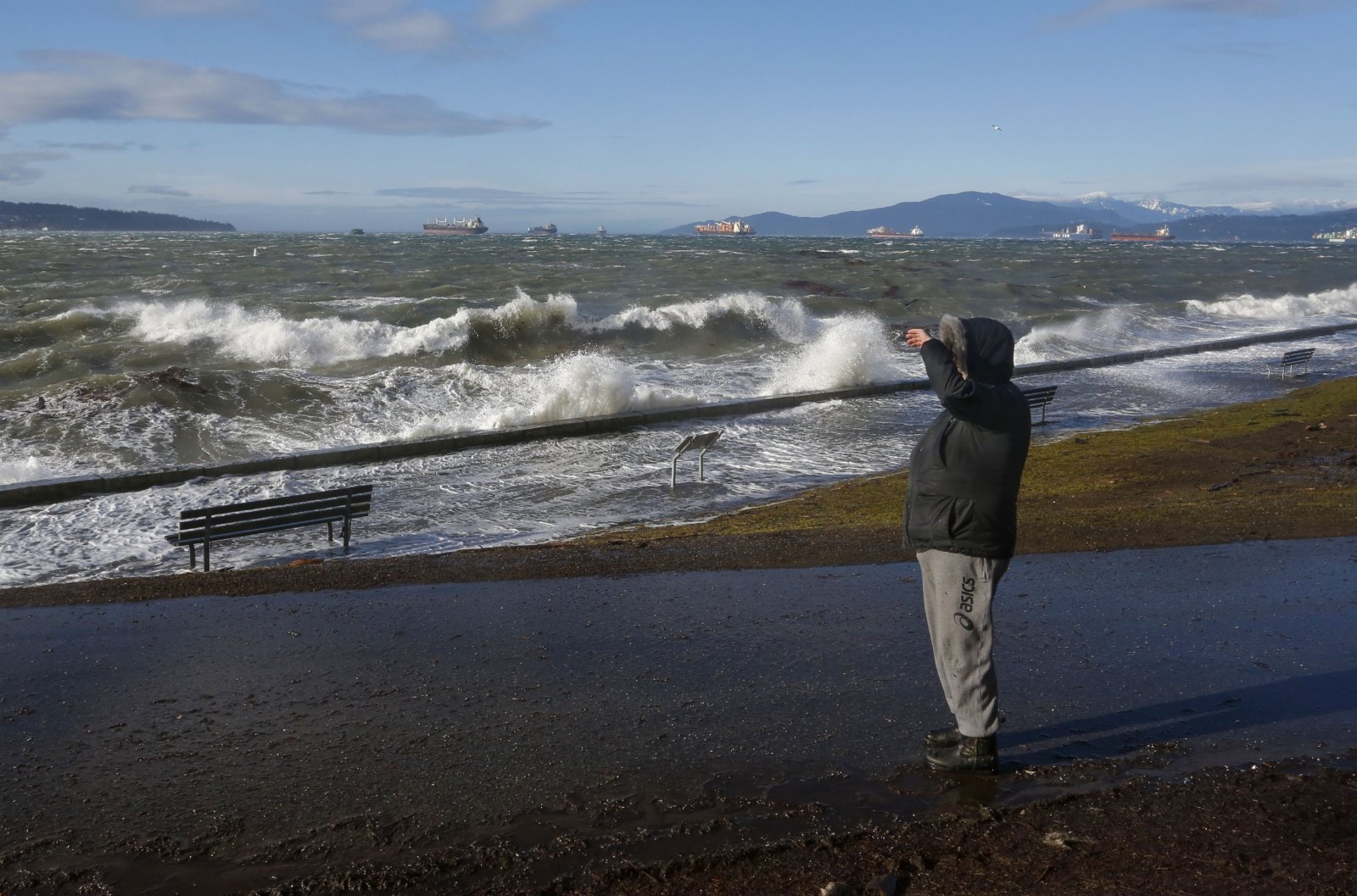 1月7日，在加拿大溫哥華，一名市民在英吉利灣觀看海浪。（新華社）