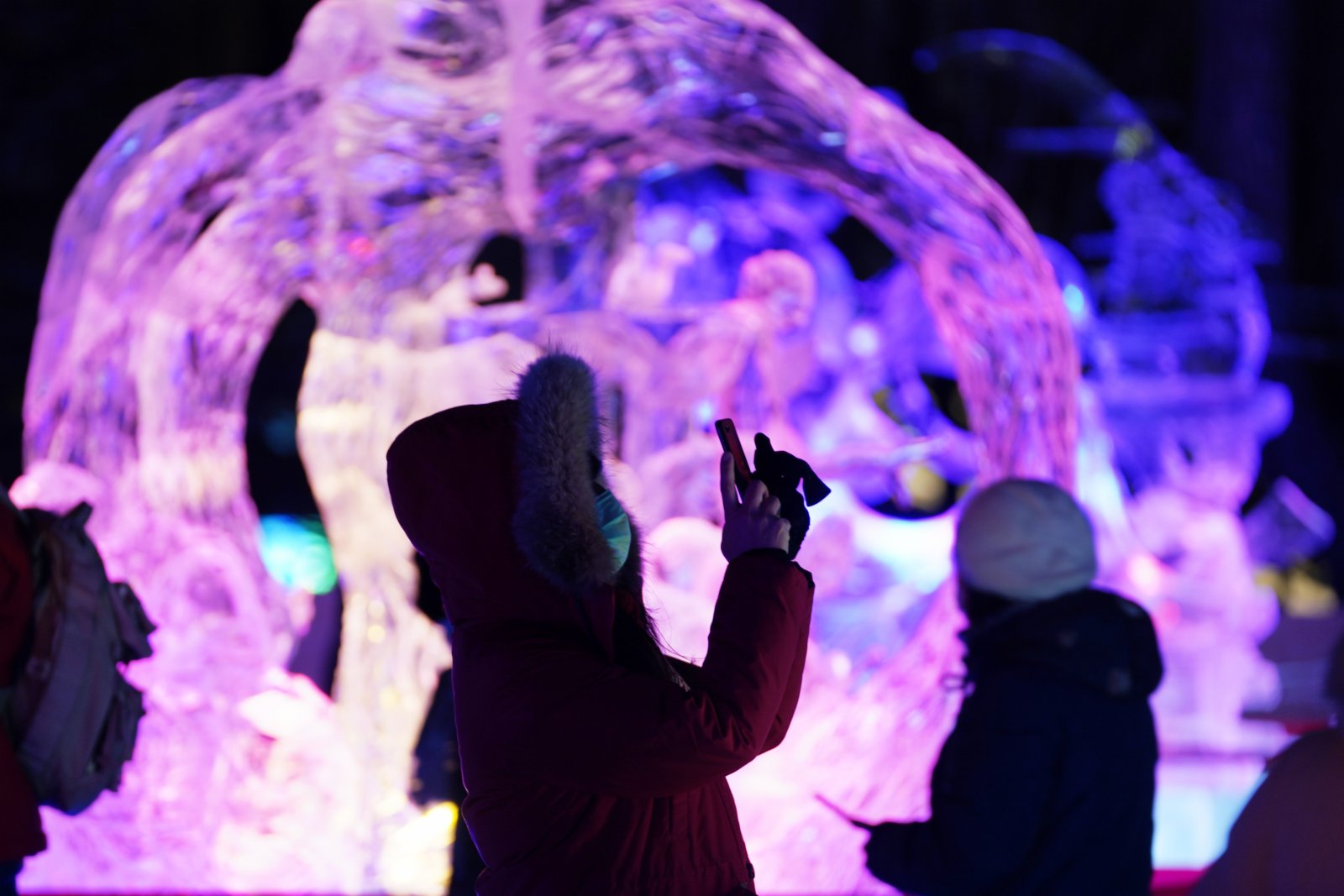 1月8日，遊客在哈爾濱冰燈藝術遊園會園區欣賞冰雕作品。（新華社）
