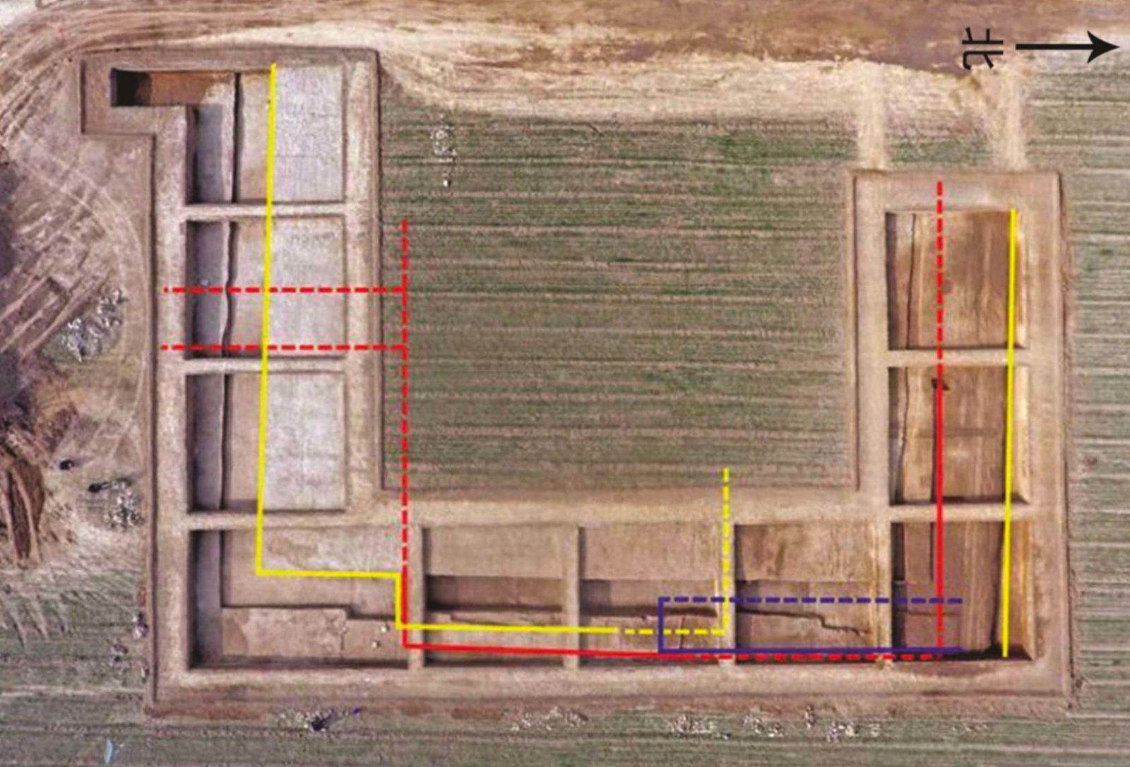 這是顯陽殿發掘區夯土遺蹟分布圖（右為北，新華社資料照片）。