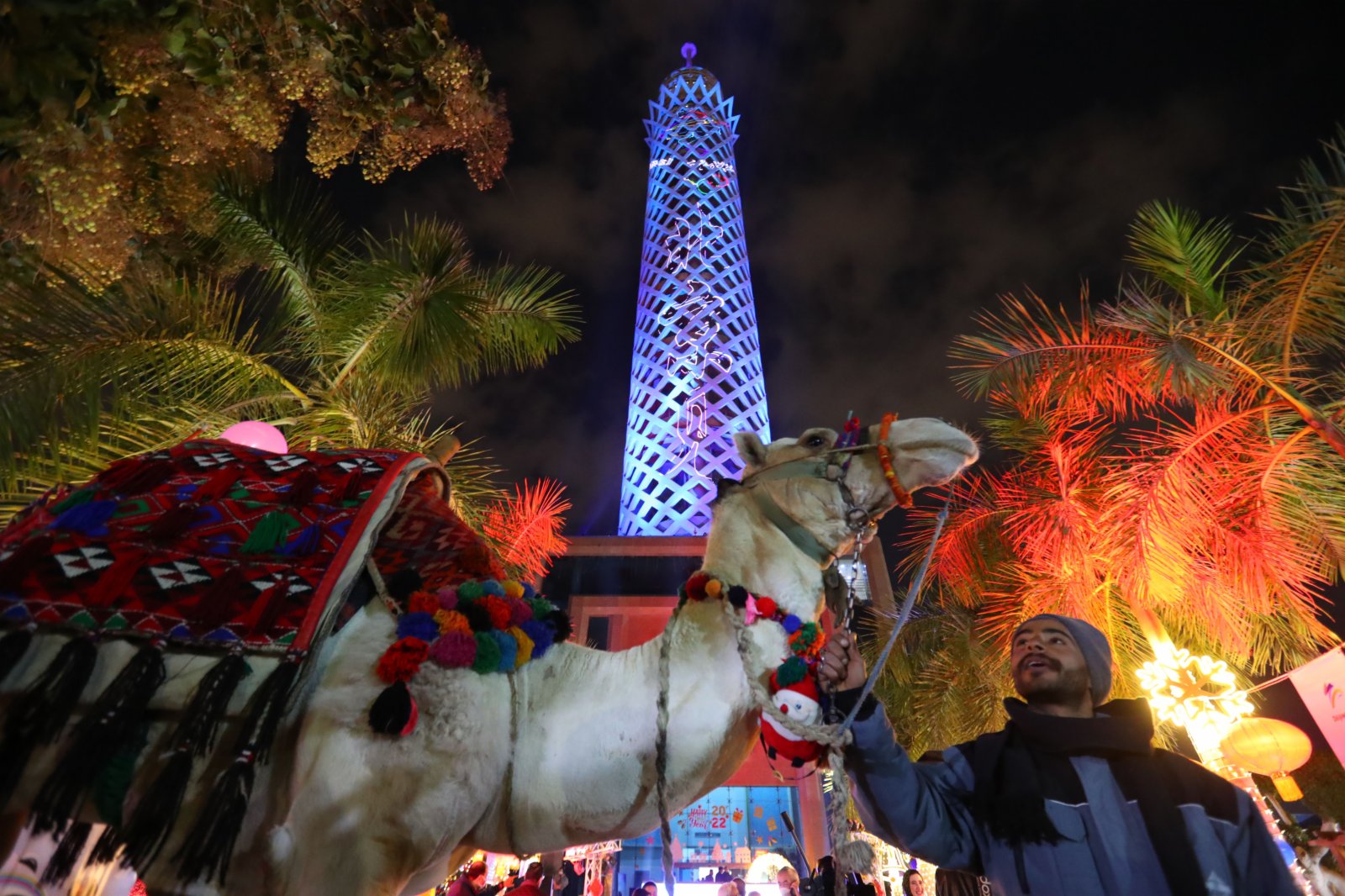 在埃及首都開羅，一位男子牽着駱駝在被點亮的開羅塔前合影。新華社