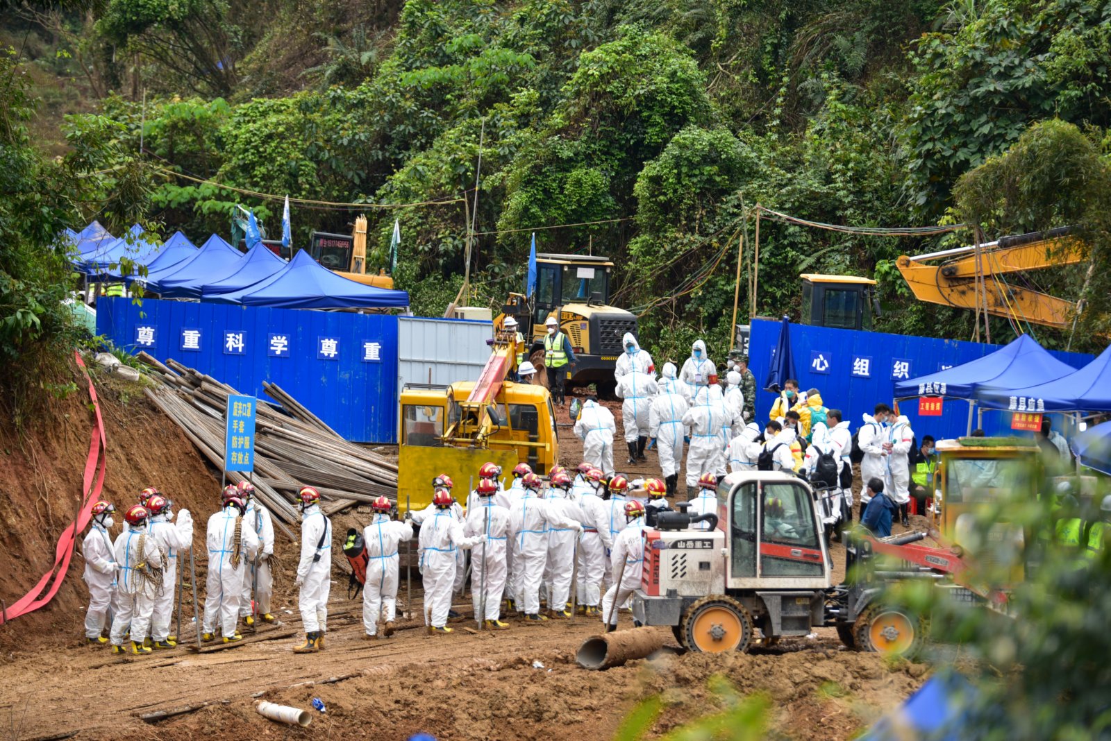 3月27日，廣西梧州市藤縣，在東航MU5735航班墜機事故搜救現場，搜救人員列隊進入搜索區域展開搜索。新華社
