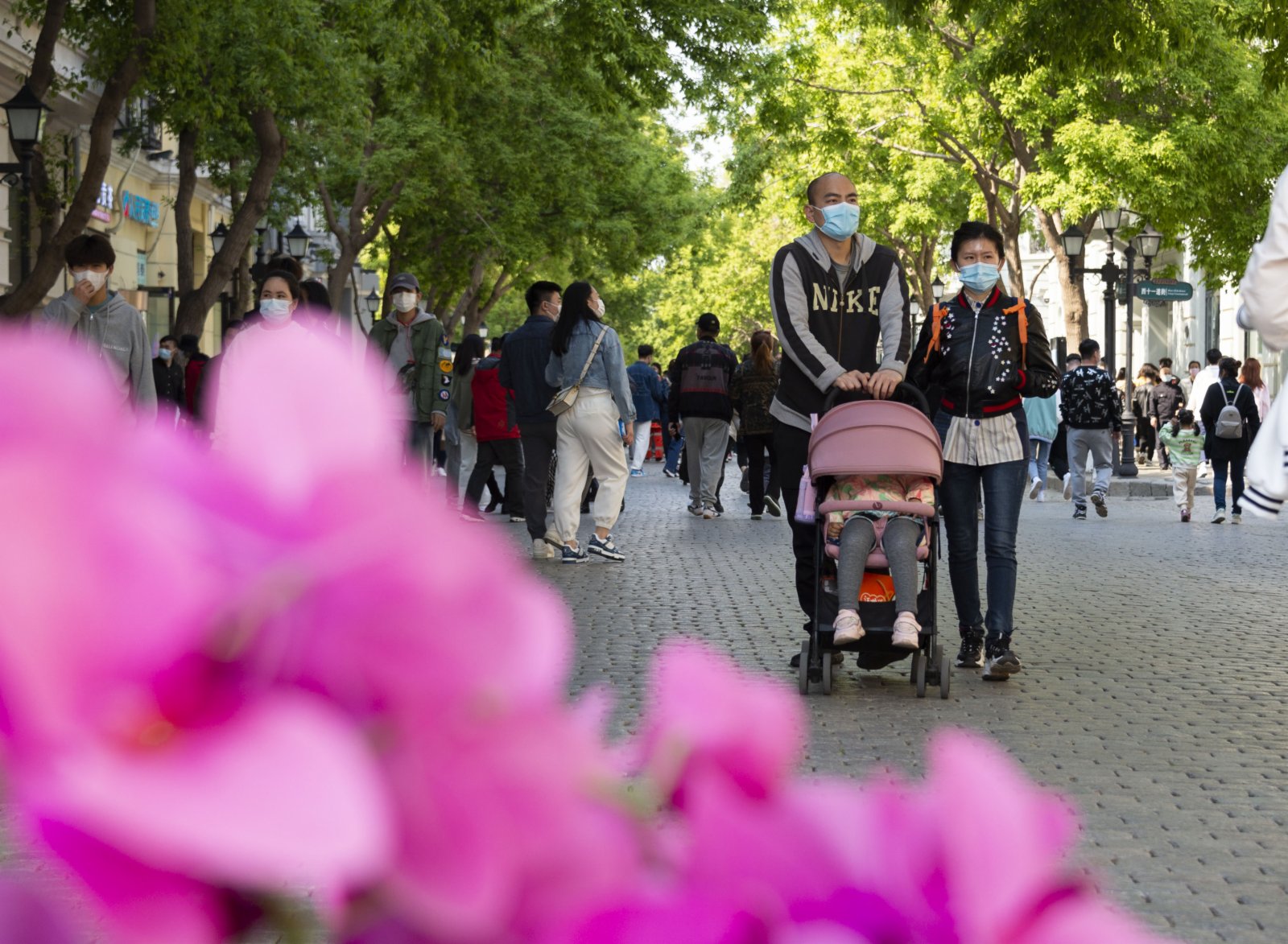5月14日，市民遊客在哈爾濱市中央大街遊玩。（新華社）