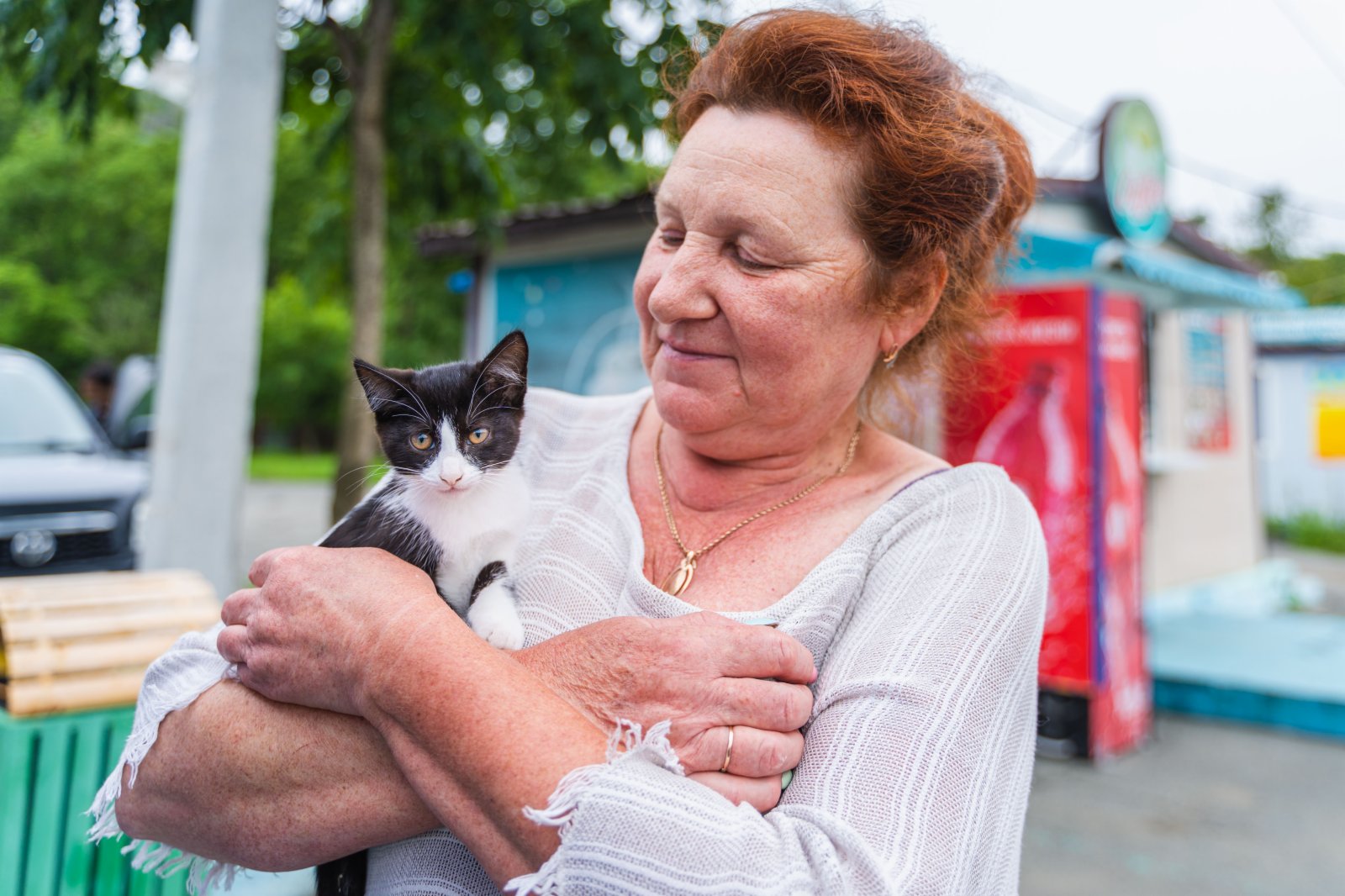 7月23日，在俄羅斯符拉迪沃斯托克市雷鎮公園內，志願者抱着等待被領養的小貓。（新華社）