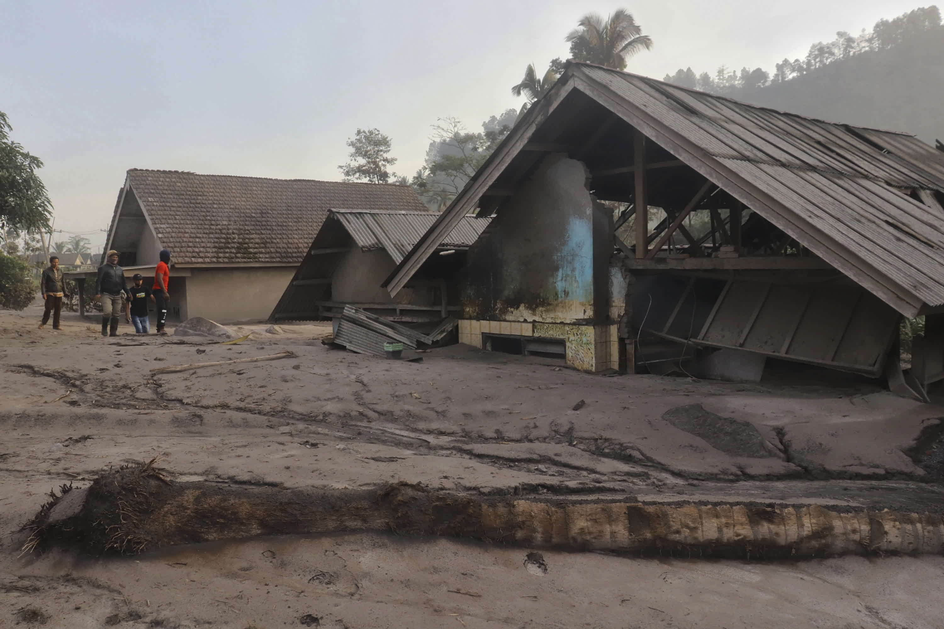 塞梅魯火山噴發後，房屋被埋在火山灰中，災民們正在檢查損壞情況。（美聯社）
