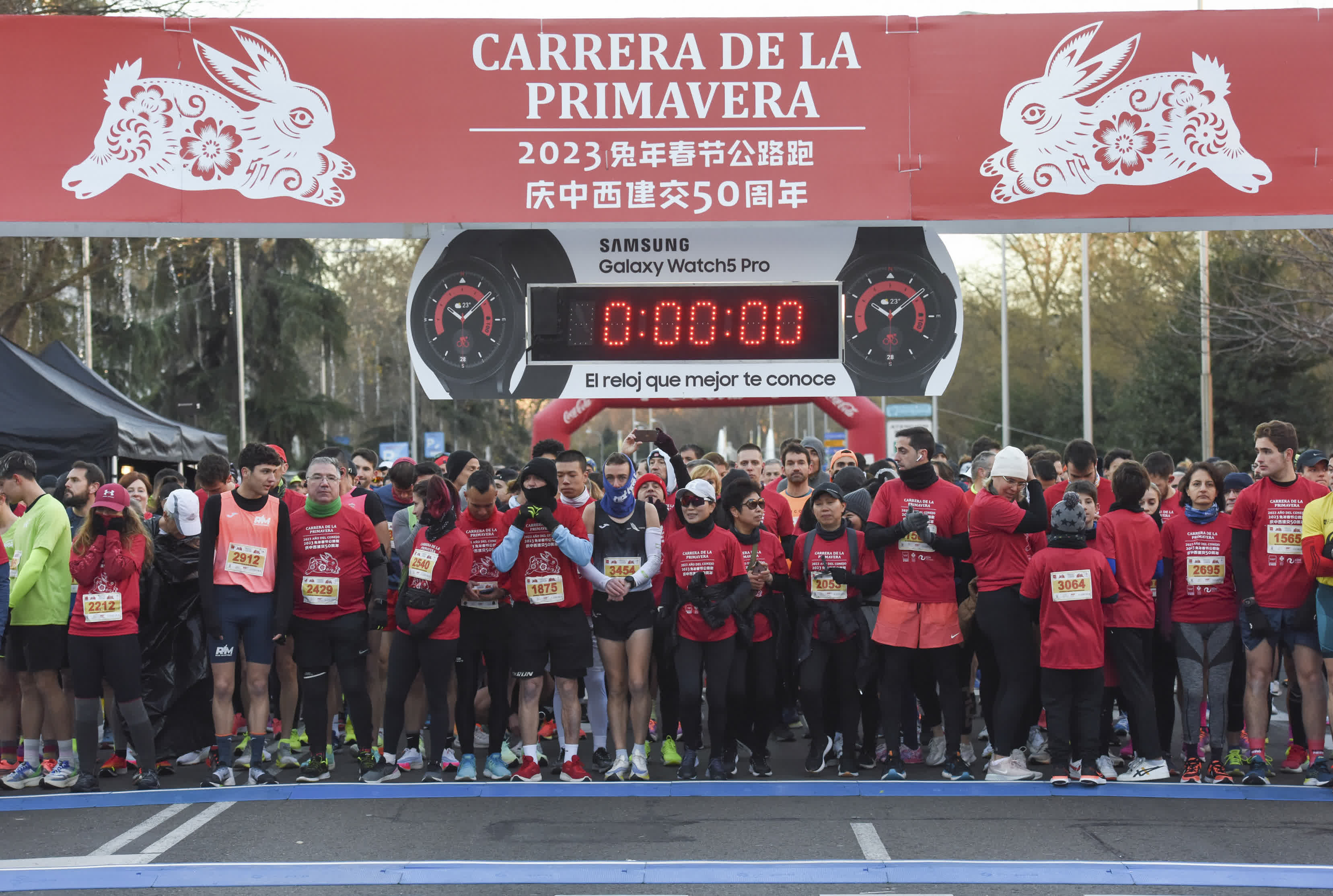 1月29日，在西班牙馬德里，人們在「2023兔年春節公路跑」開賽前準備。（新華社）