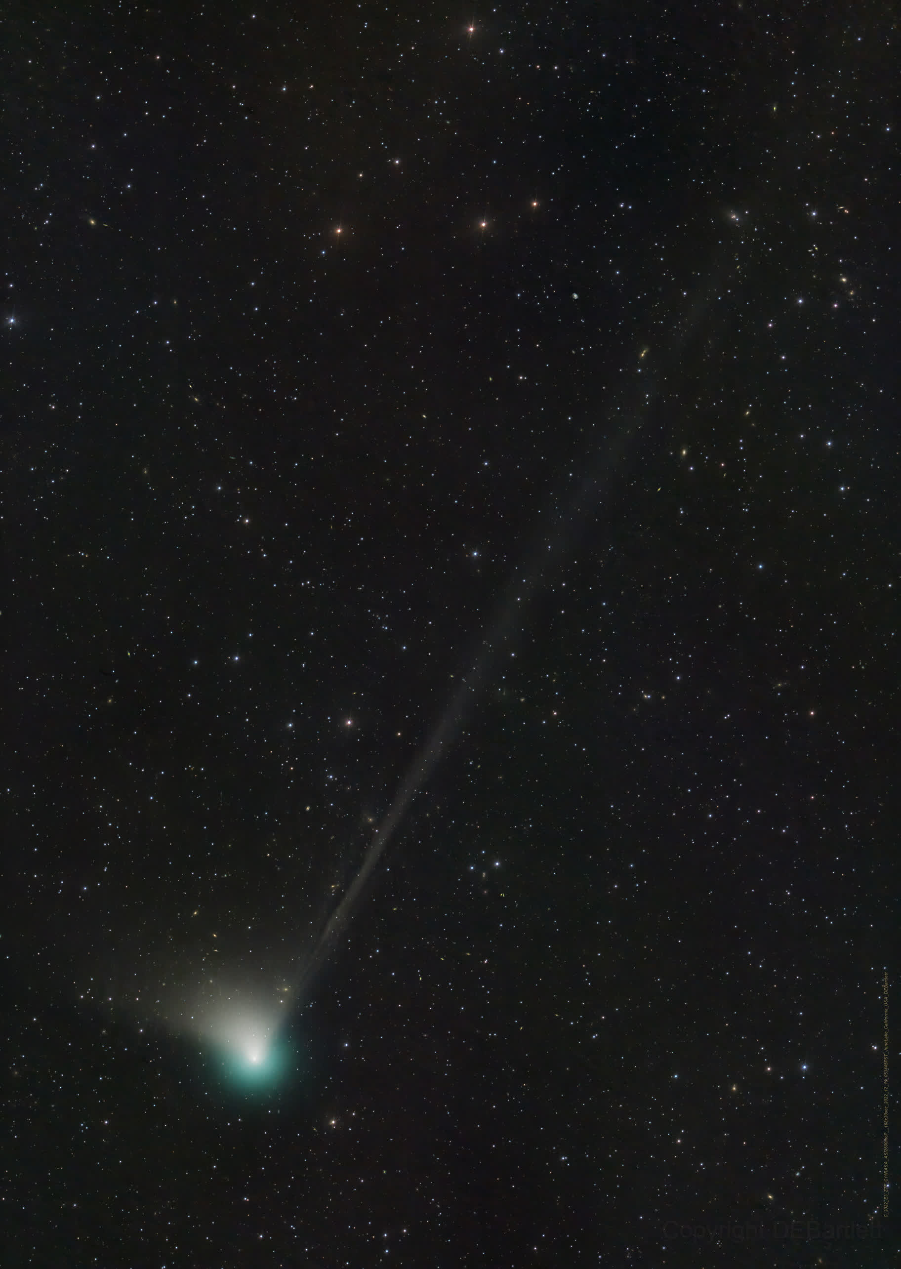 圖為2023年1月21日拍攝到的 C/2022 E3彗星的身影，圖像顯示這顆彗星呈翡翠綠色，彗尾明亮又寬闊。（路透社）
