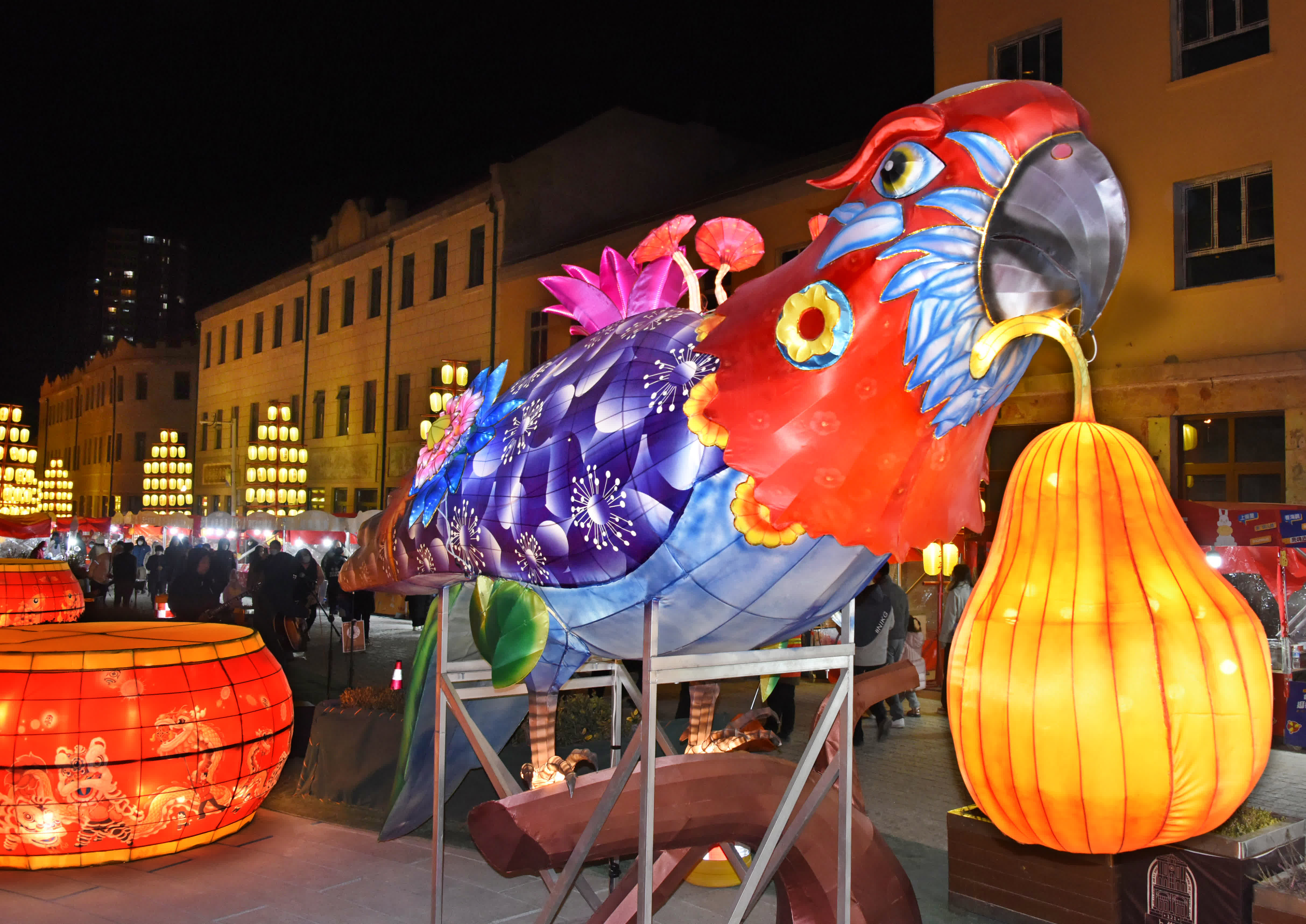 青島市市南區大鮑島小廣場上布置的鸚鵡綵燈。（新華社）