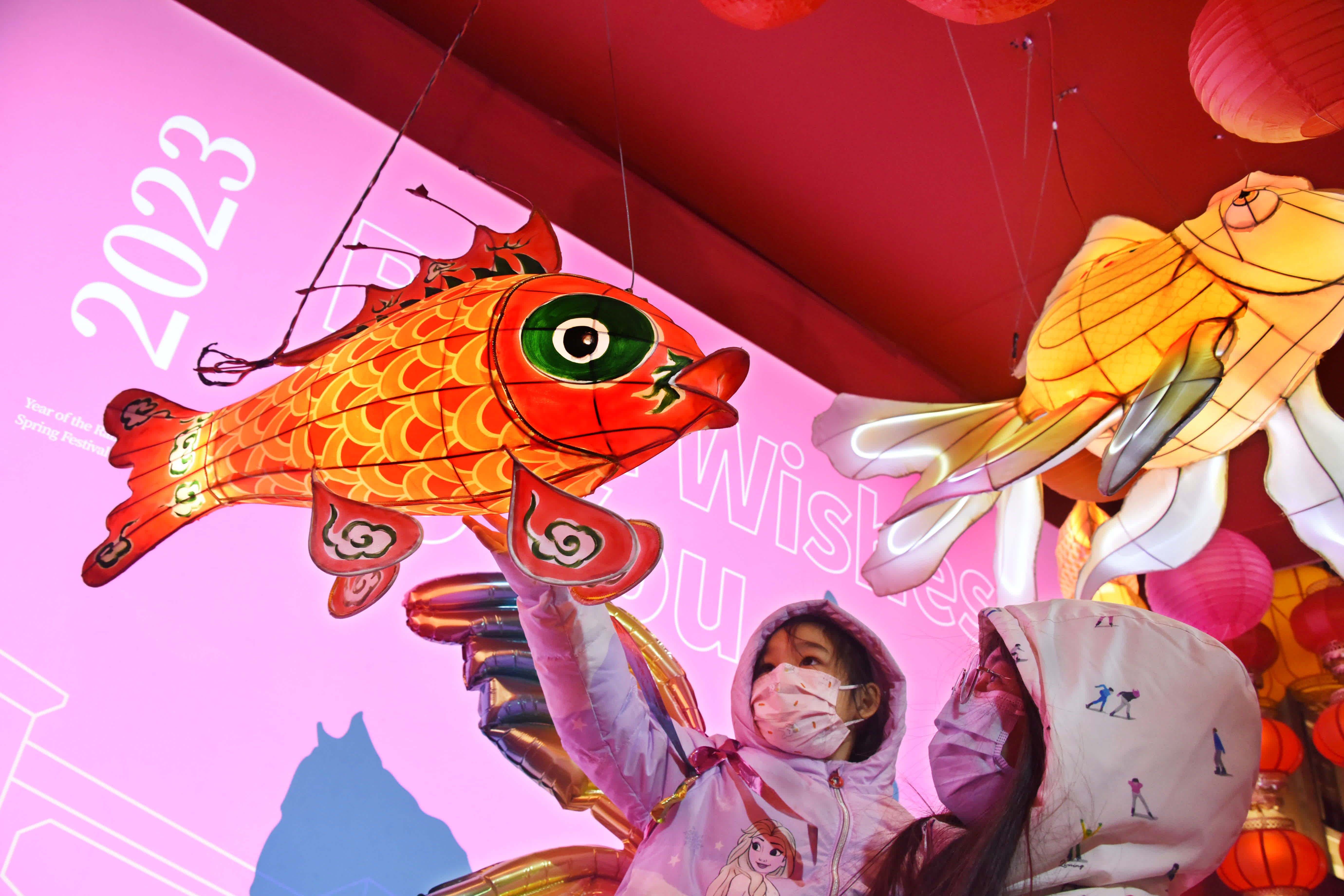 2月1日，遊客在青島市市南區新春燈會上拍照、賞燈。（新華社）