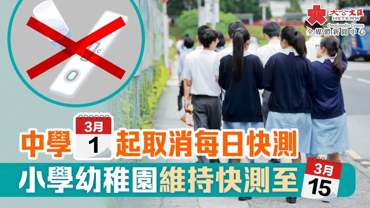 3月起中學生快測取消 幼小繼續至15日 - 香港 - 香港文匯網