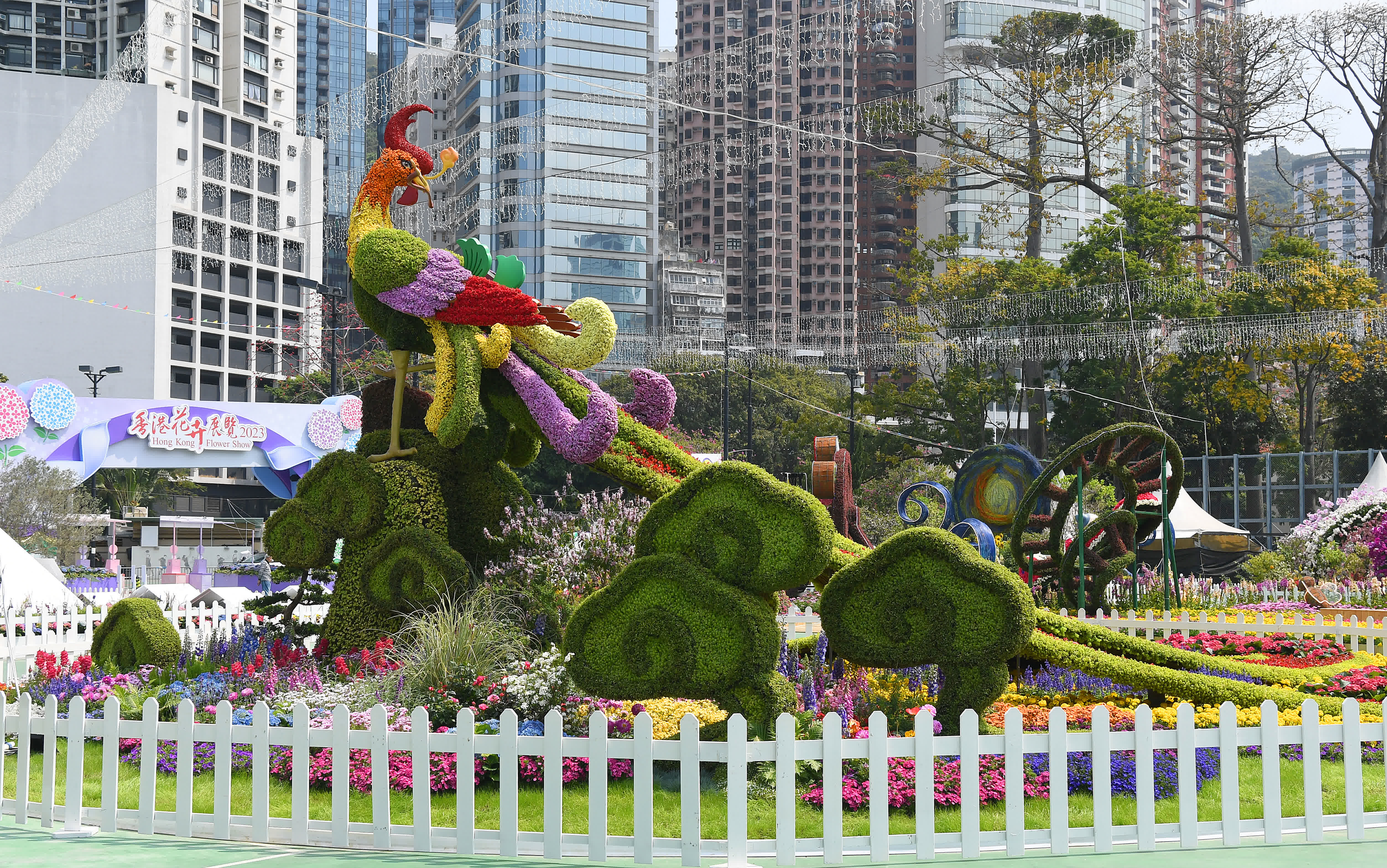 這是3月9日拍攝的2023年香港花卉展覽上的花壇。