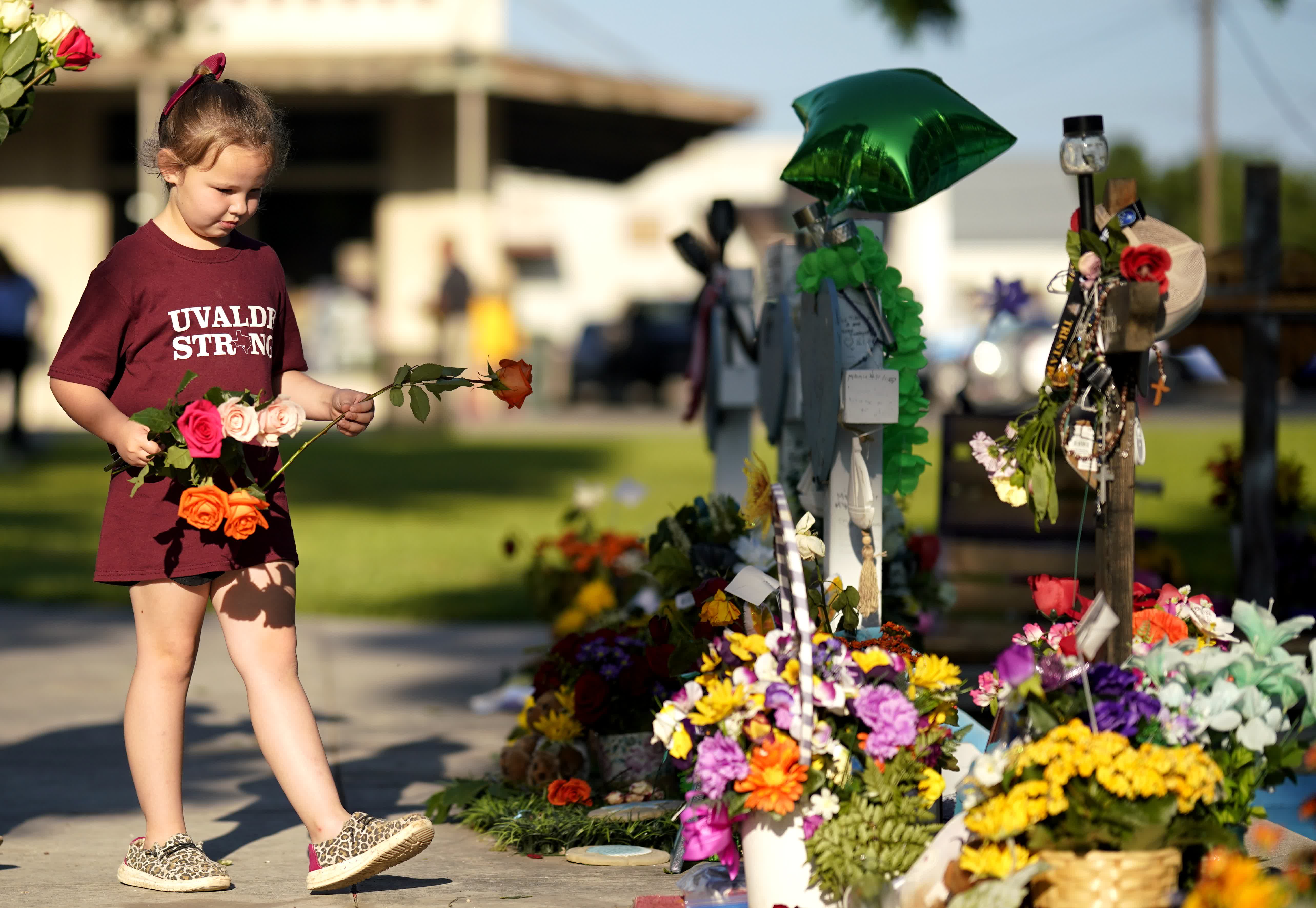 一名女孩獻上鮮花悼念校園槍擊遇害者。（新華社）