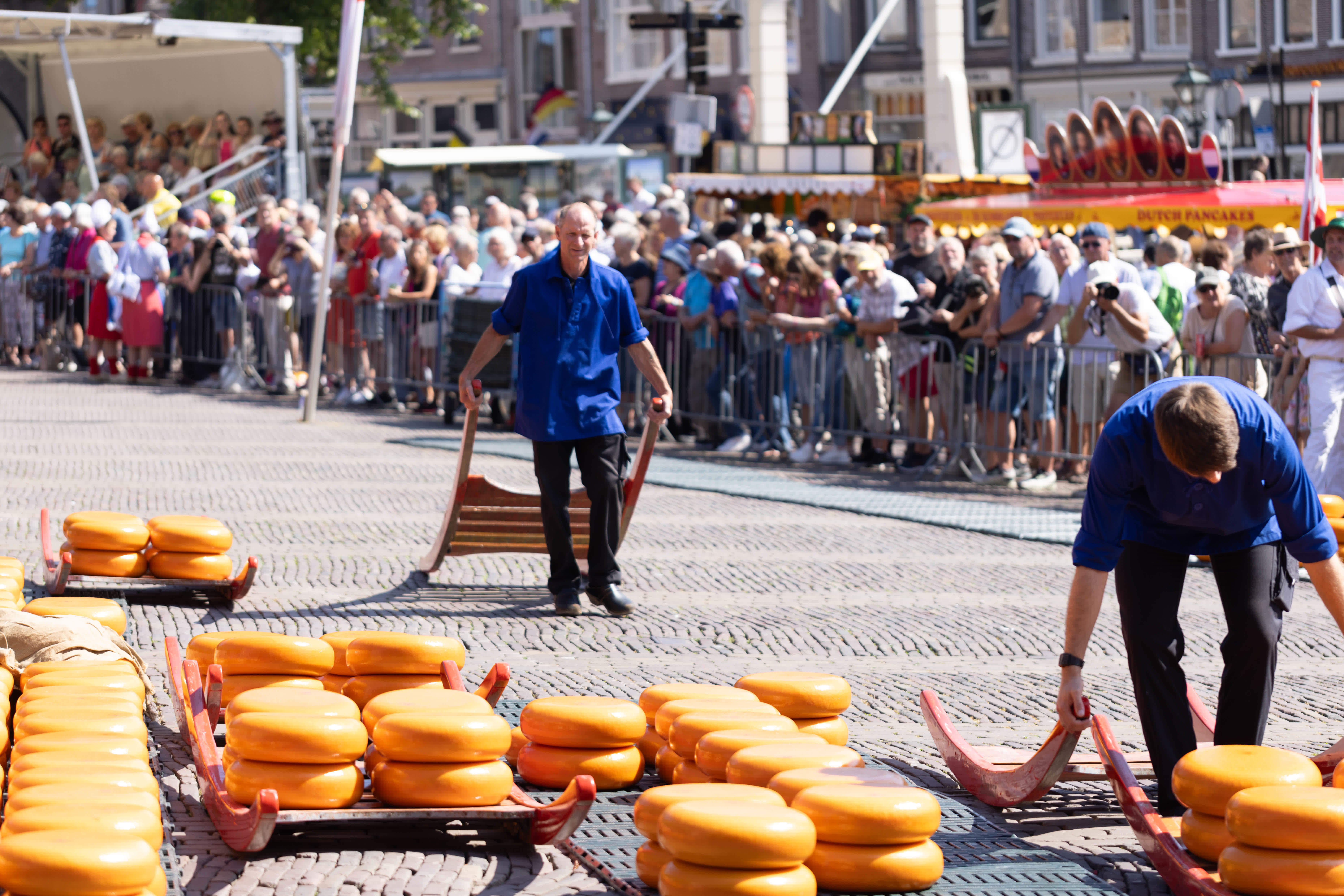 6月23日，人們在荷蘭阿爾克馬爾的奶酪市場運送奶酪。（新華社）