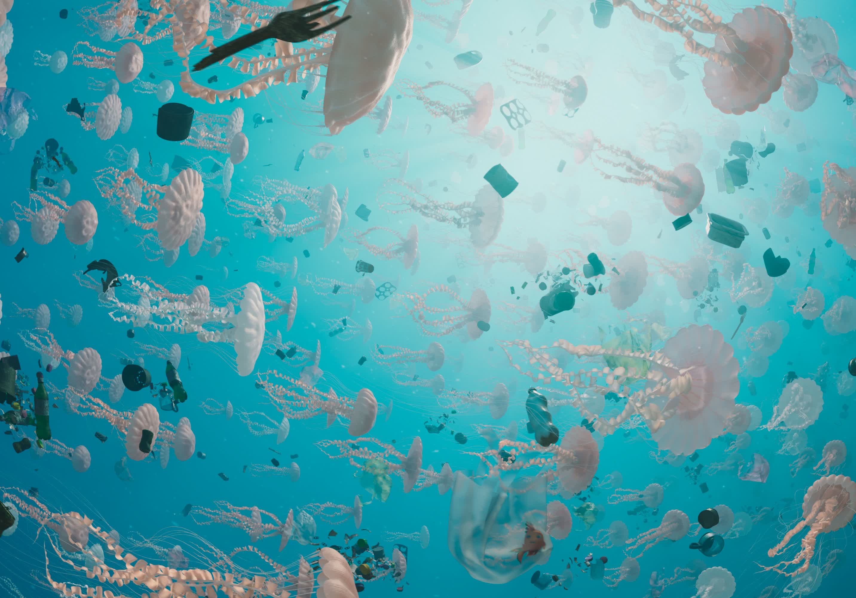 圖示一個滿佈垃圾和污染的海域，破壞海洋生態。（圖片來源：SOFTMACHINE）
