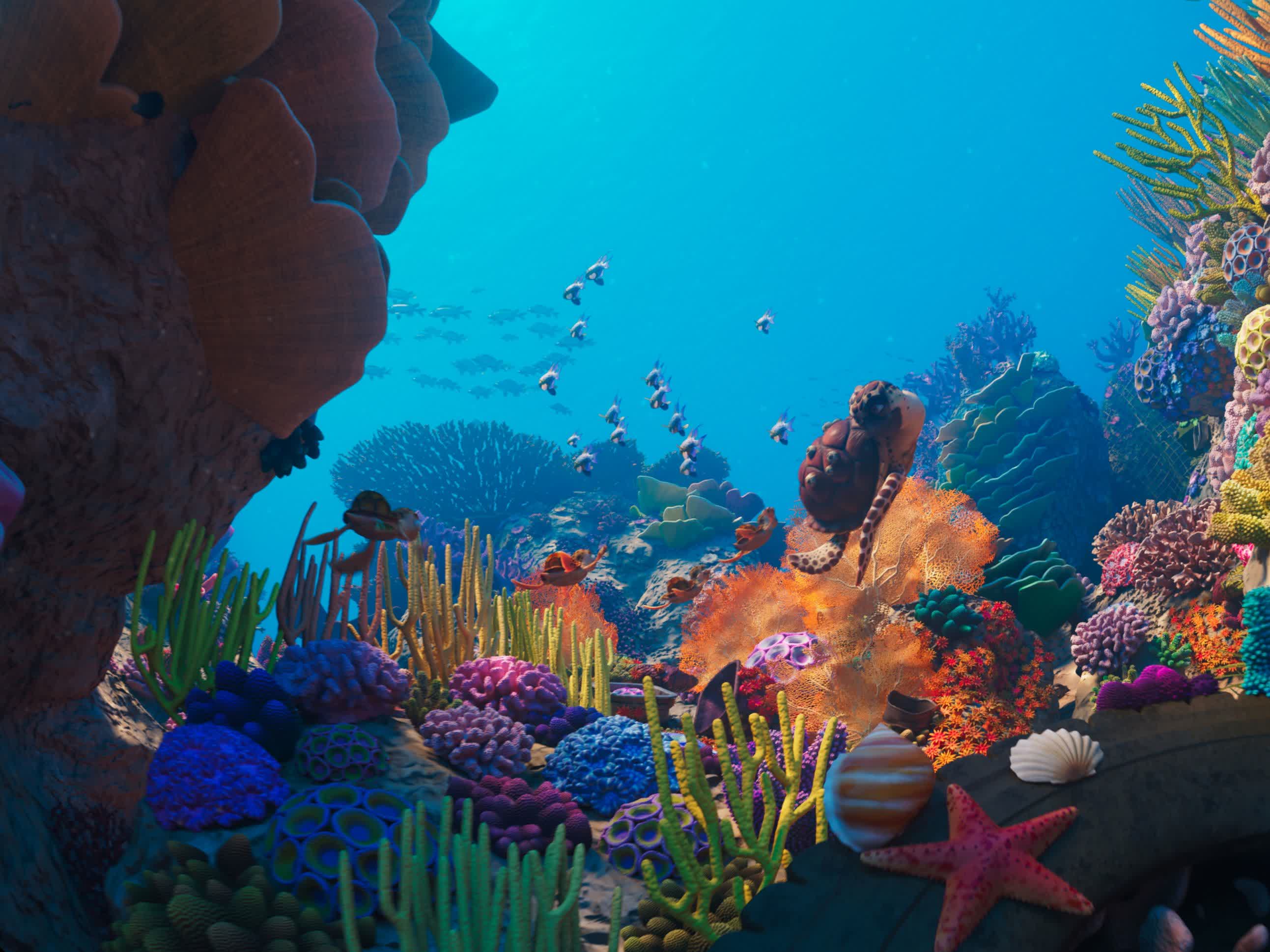 全新立體球幕電影《珊瑚礁冒險隊3D》，帶領觀眾探索海底世界。圖示一個色彩斑斕的珊瑚礁，是眾多海洋生物的家園。（圖片來源：SOFTMACHINE）