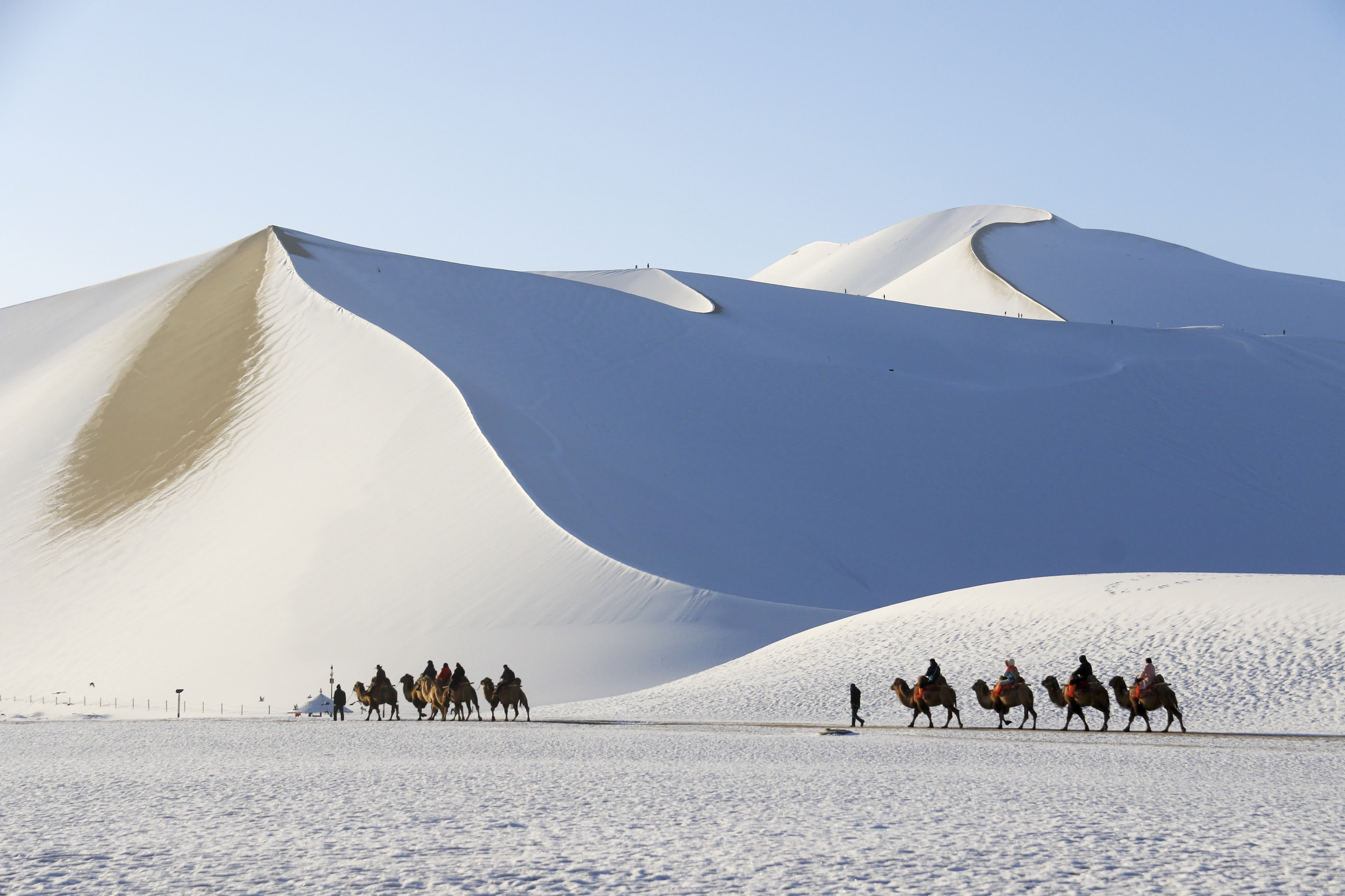  11月15日，遊客在鳴沙山月牙泉景區欣賞雪景。（  新華社）