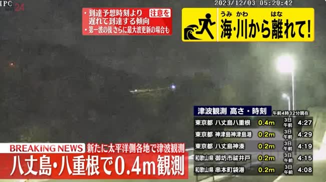 日本多地接連觀測到海嘯　東都门八丈島海嘯最高