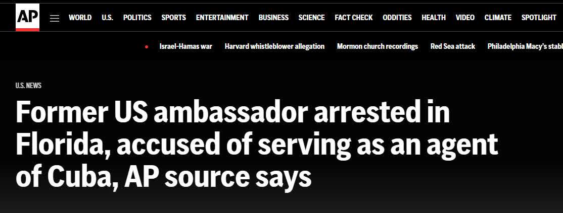美媒：美國前大使因「擔任古巴政府特工」被捕