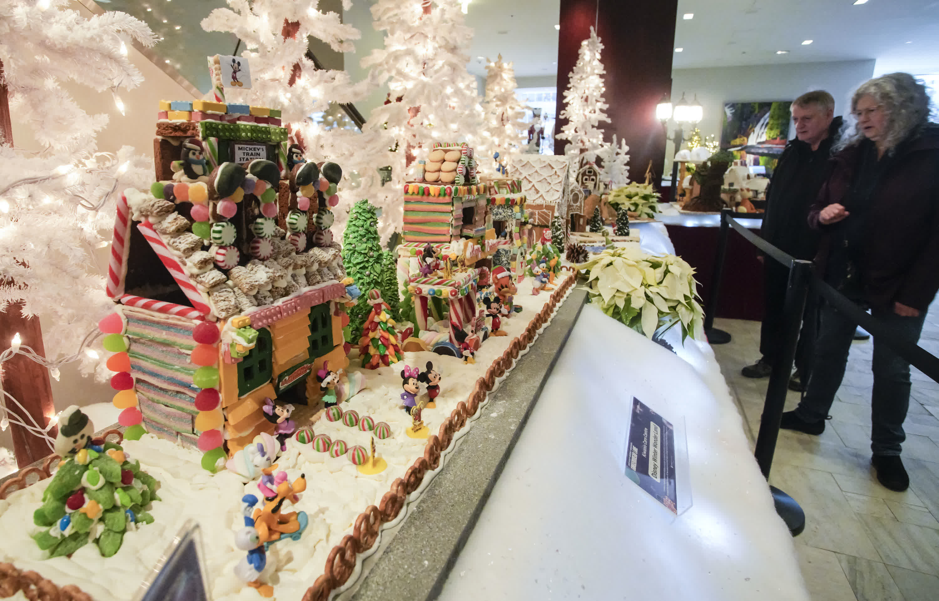 12月5日，在加拿大溫哥華，參觀者觀看展出的薑餅屋作品。（新華社）