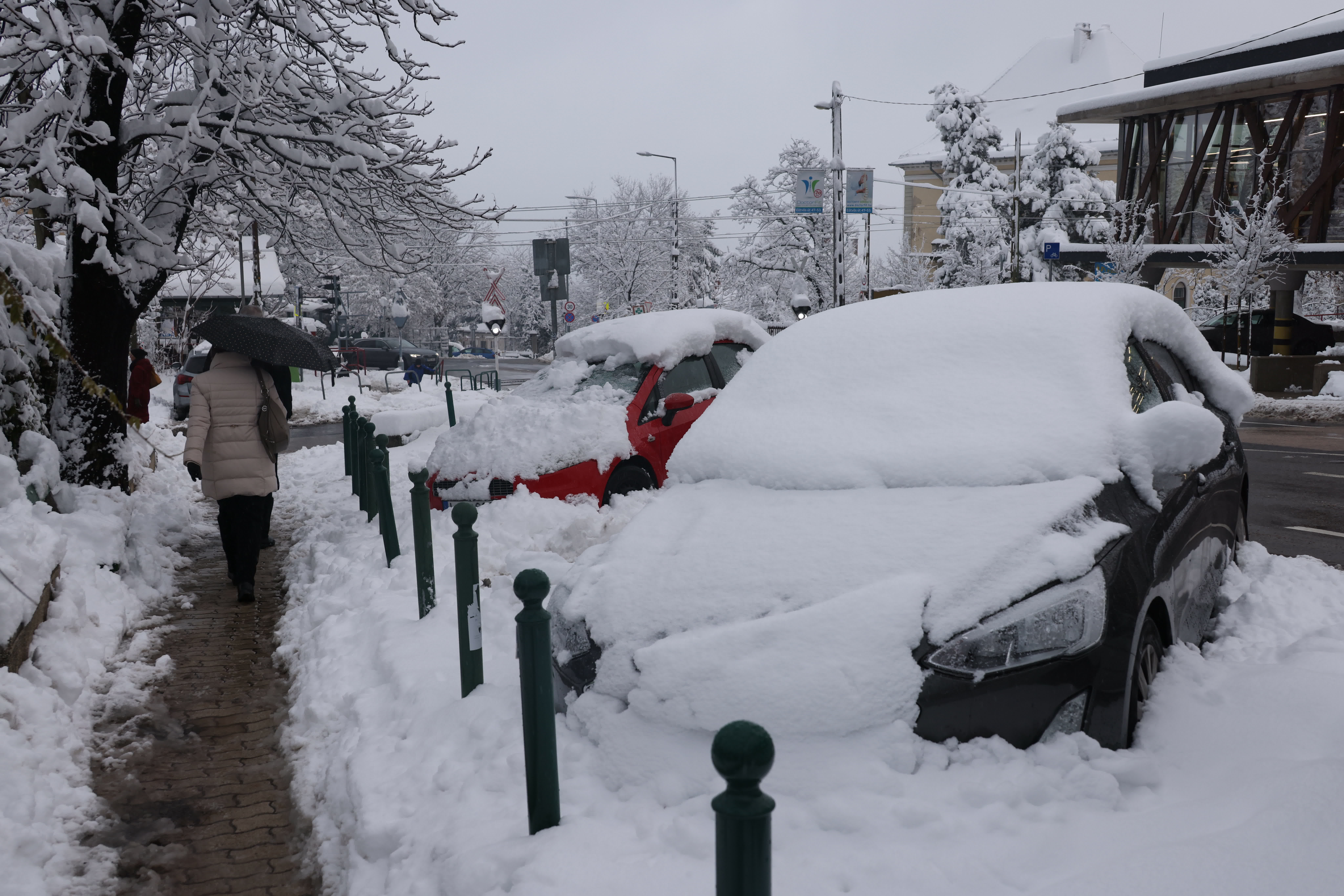 12月7日，在匈牙利布達佩斯，行人經過被大雪覆蓋的汽車。（新華社）