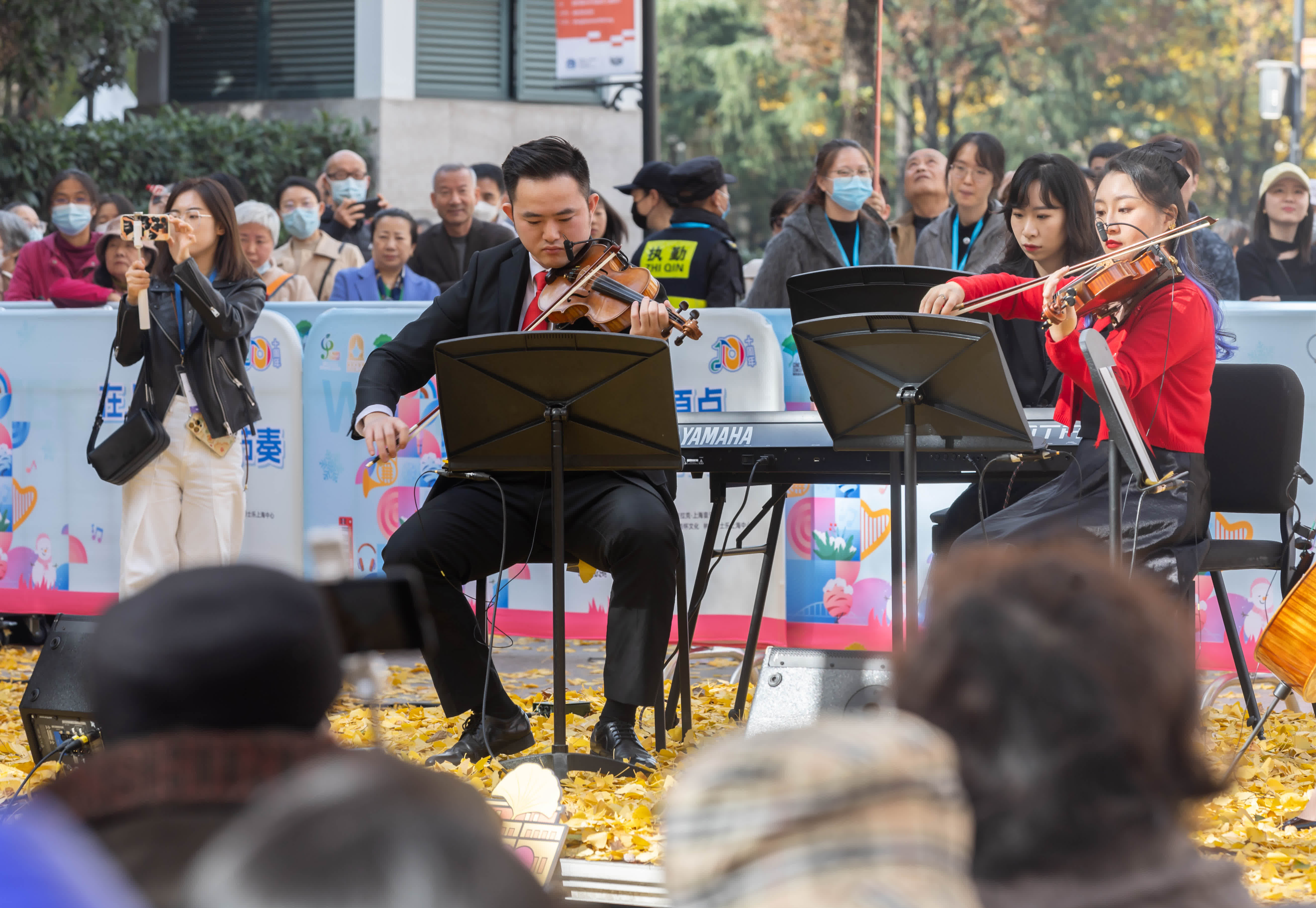 12月9日，青年音樂家們在銀杏樹下演奏音樂。（新華社）