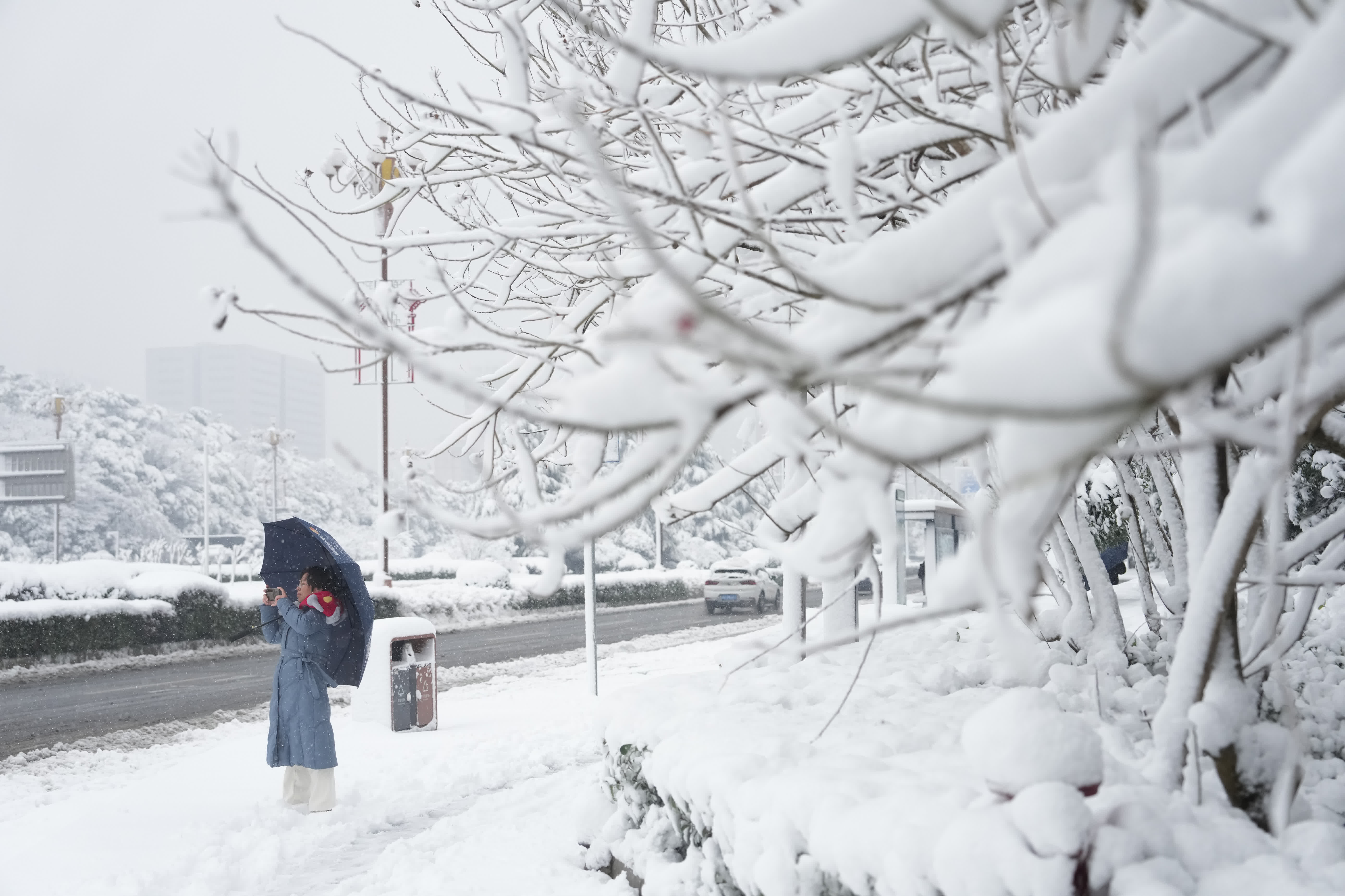 1月22日，市民在長沙街頭拍攝雪景。（新華社）