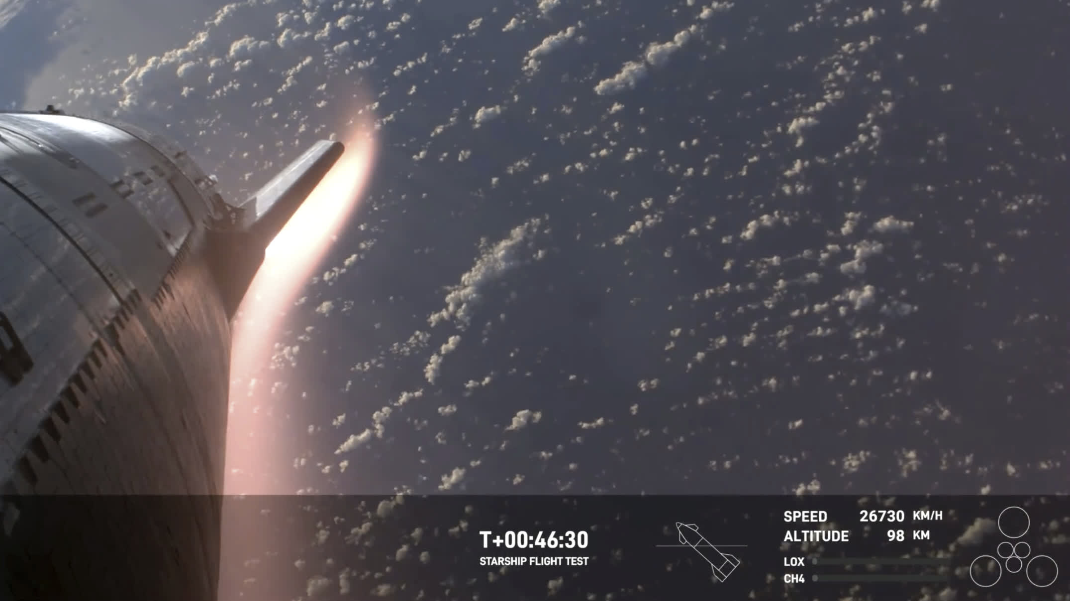 在這張由 SpaceX 提供的視頻圖像中，SpaceX重新進入地球大氣層，但返回地球期間失去訊號。（美聯社）