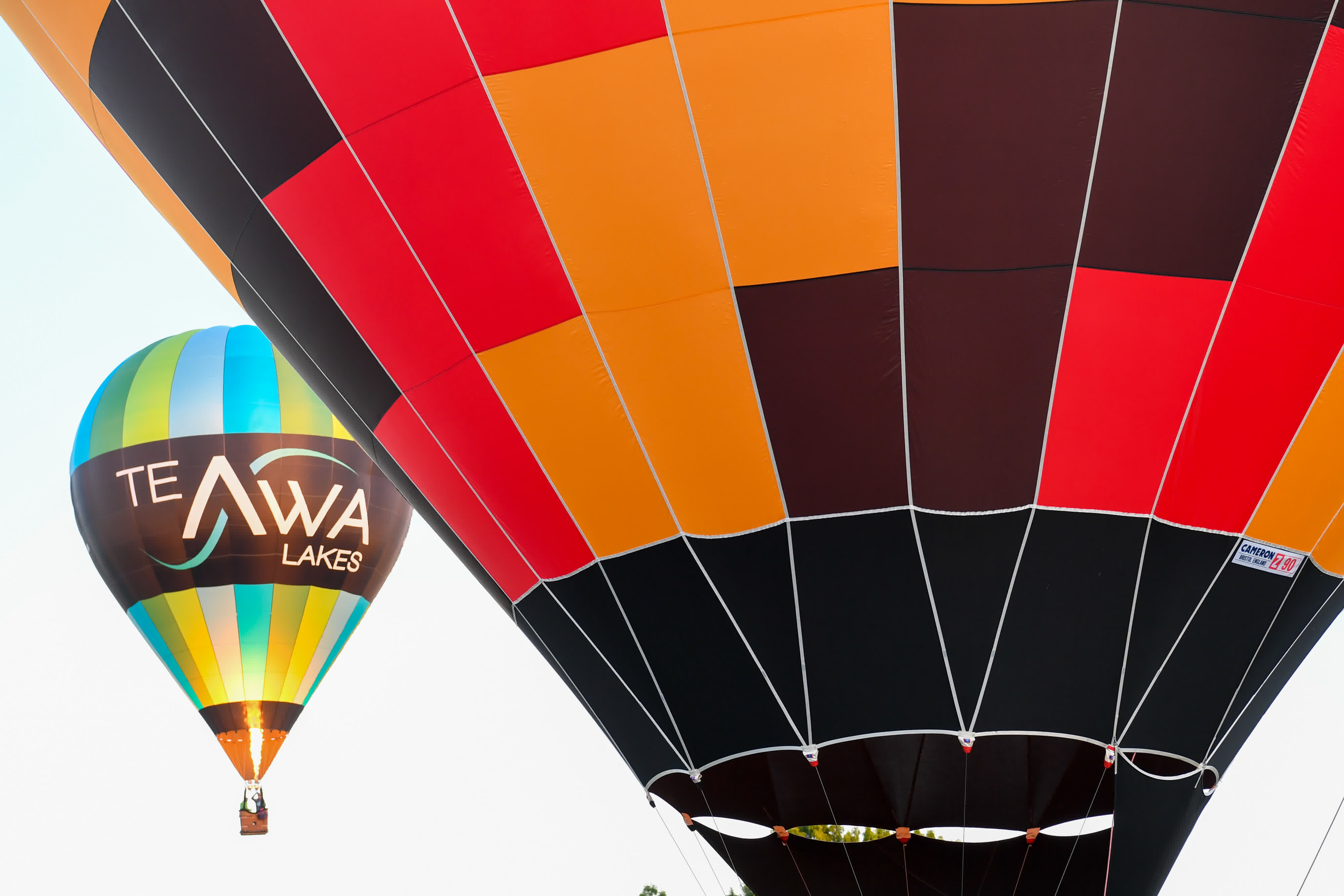 3月20日清晨，放飛的熱氣球經過新西蘭漢密爾頓湖上空。（新華社）