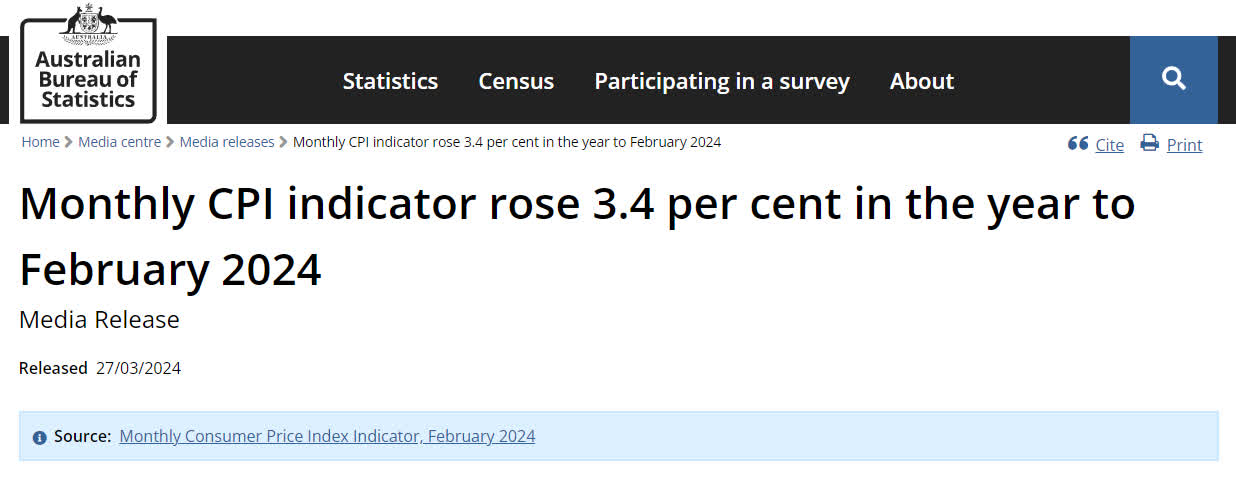 澳大利亞2月通脹率為3.4%