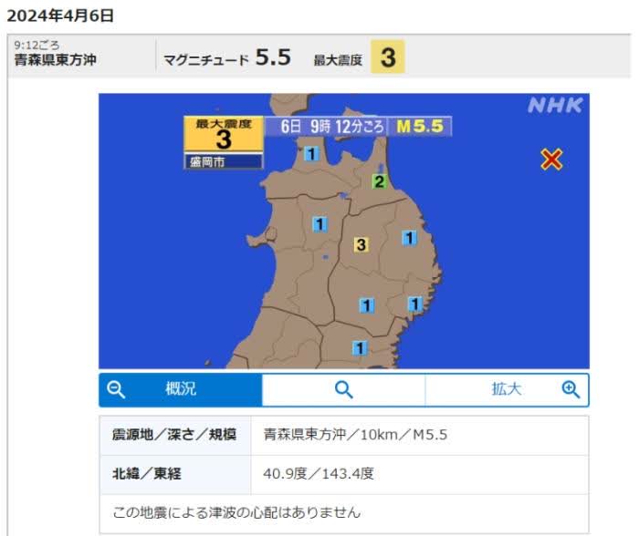 日本青森縣發生5.5級地震　多地有震感