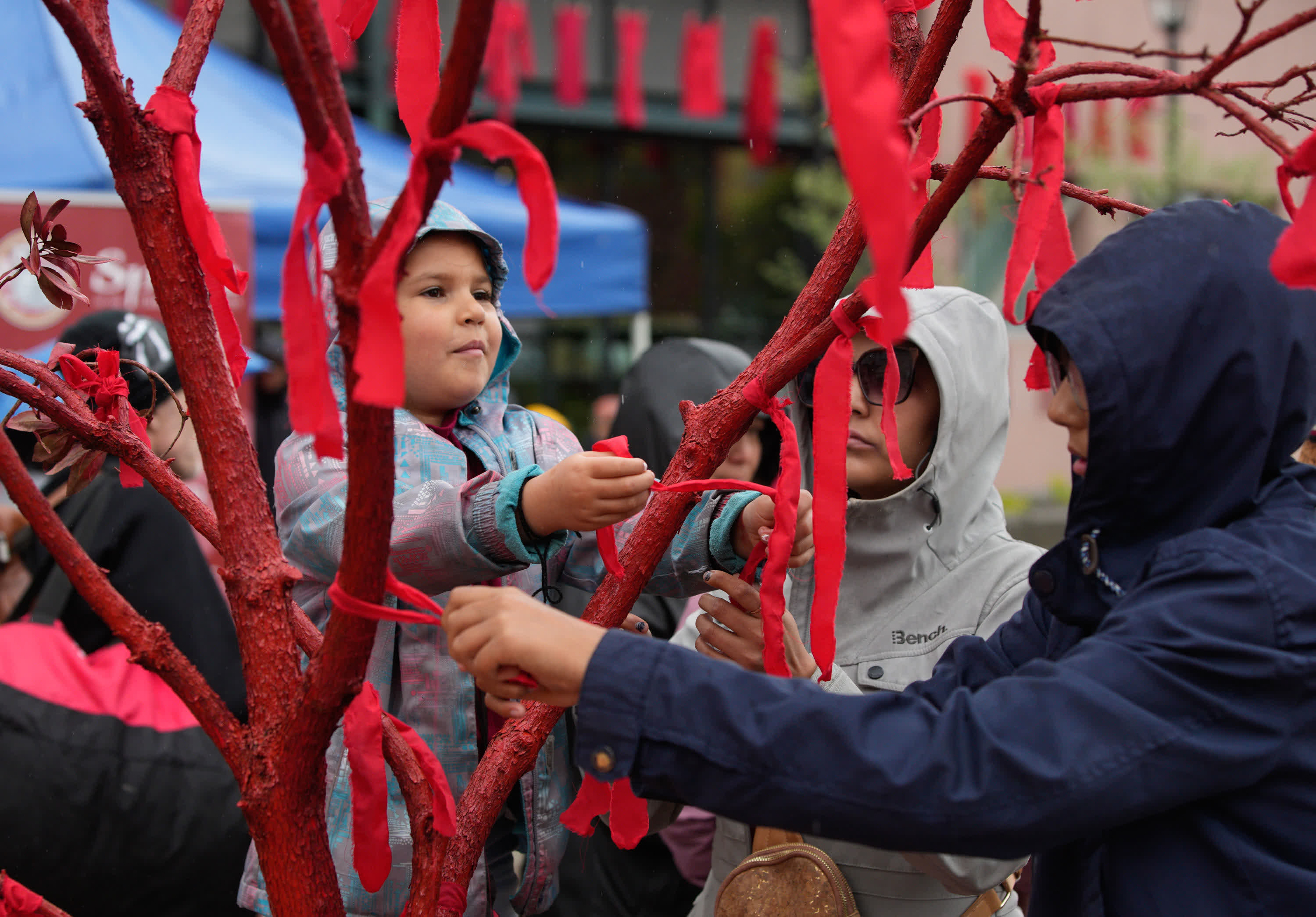 5月5日，在加拿大新威斯敏斯特舉辦的「紅裙日」紀念活動中，人們在樹上繫上紅色絲帶，紀念失蹤和被謀殺的原住民女性。（新華社）