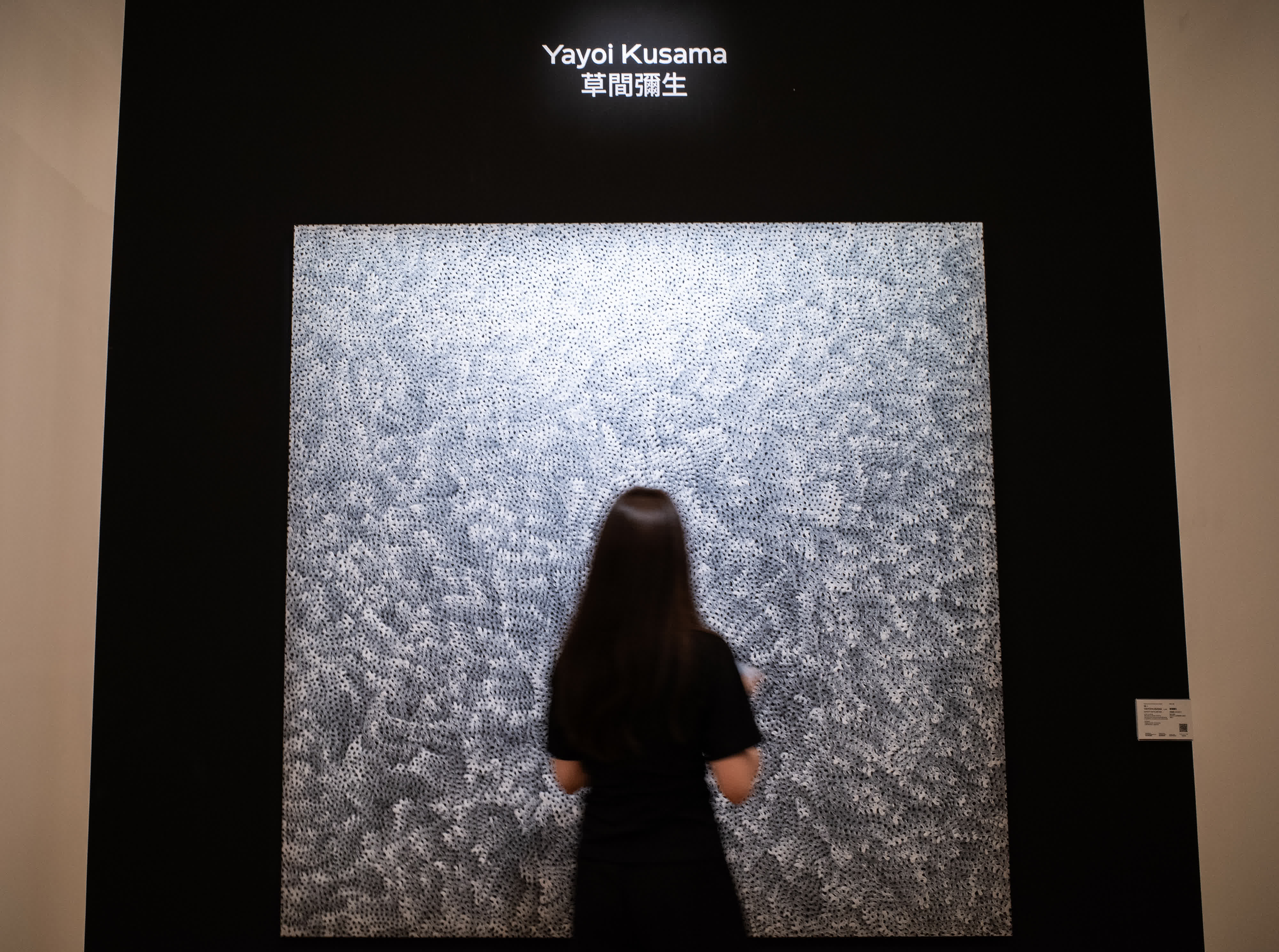 日本藝術家草間彌生的作品《無限網 （ZGHEB）》吸引觀眾參觀，該拍品估價約2000萬至3000萬港元。 （中新社）