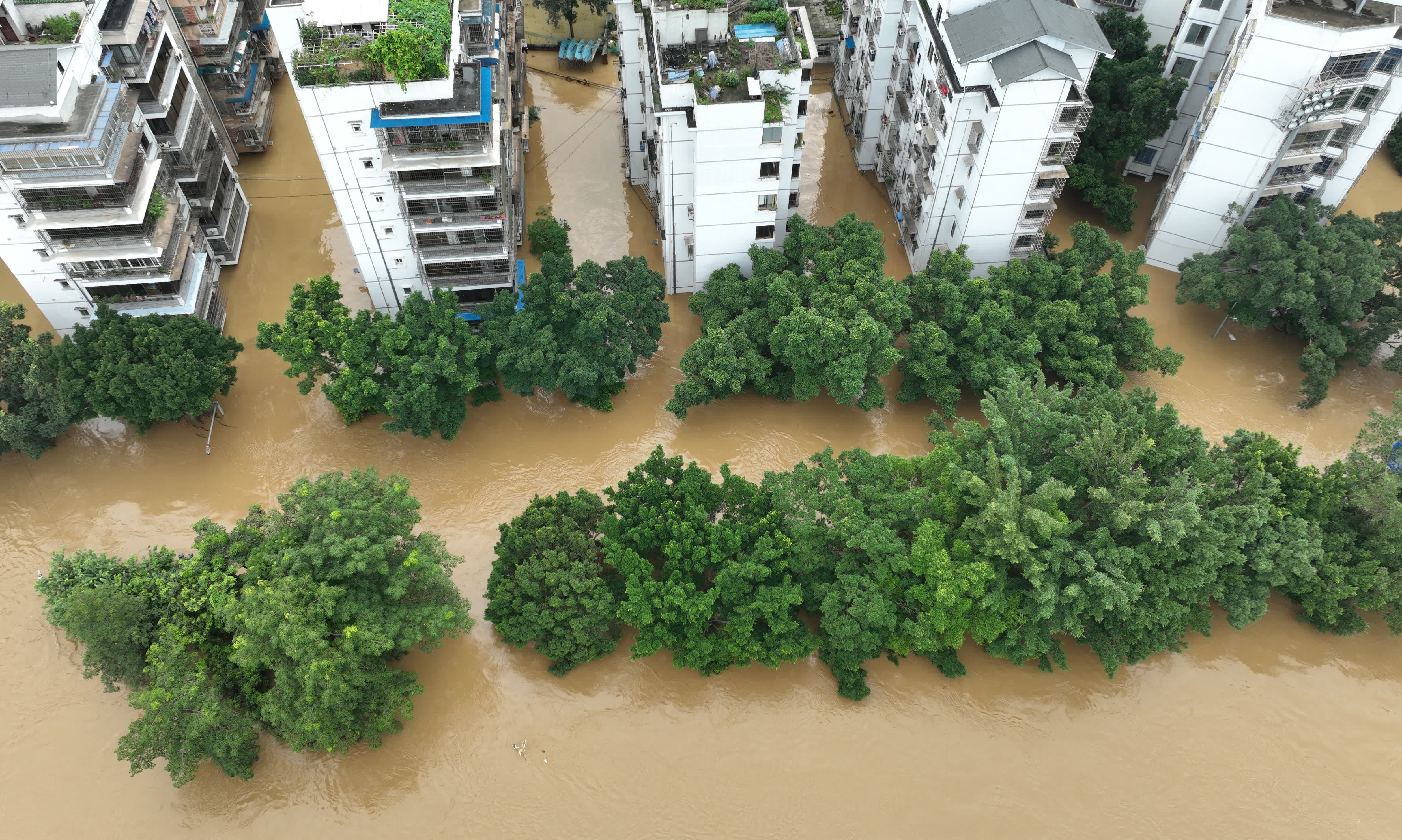 這是6月19日拍攝的被洪水淹沒(méi)的廣西柳州市濱江西路（無(wú)人機照片）。（新華社）