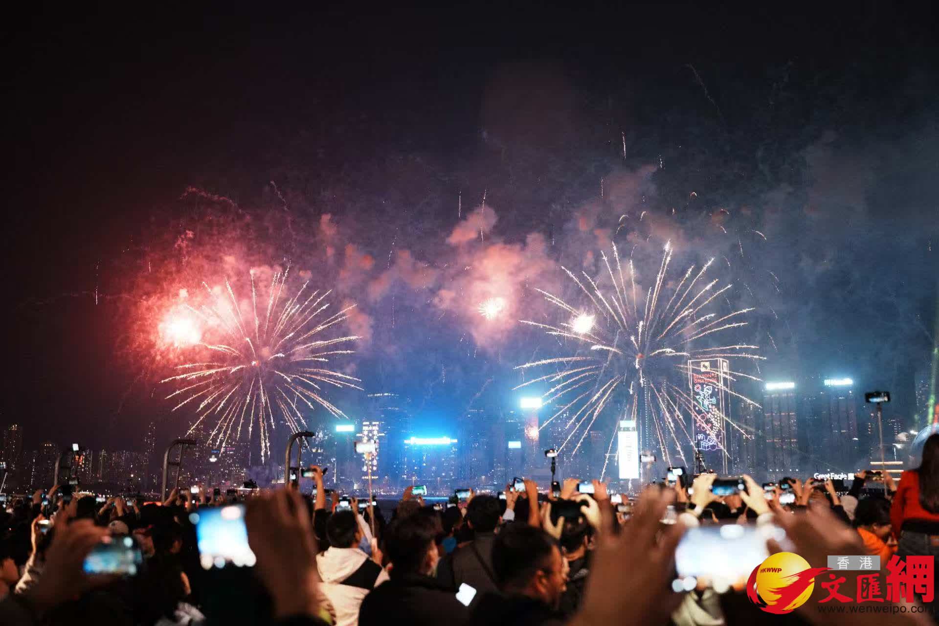 維港「跨年倒數(shù)」煙花匯演。圖為綻放的煙花。（記者黃宇威攝）