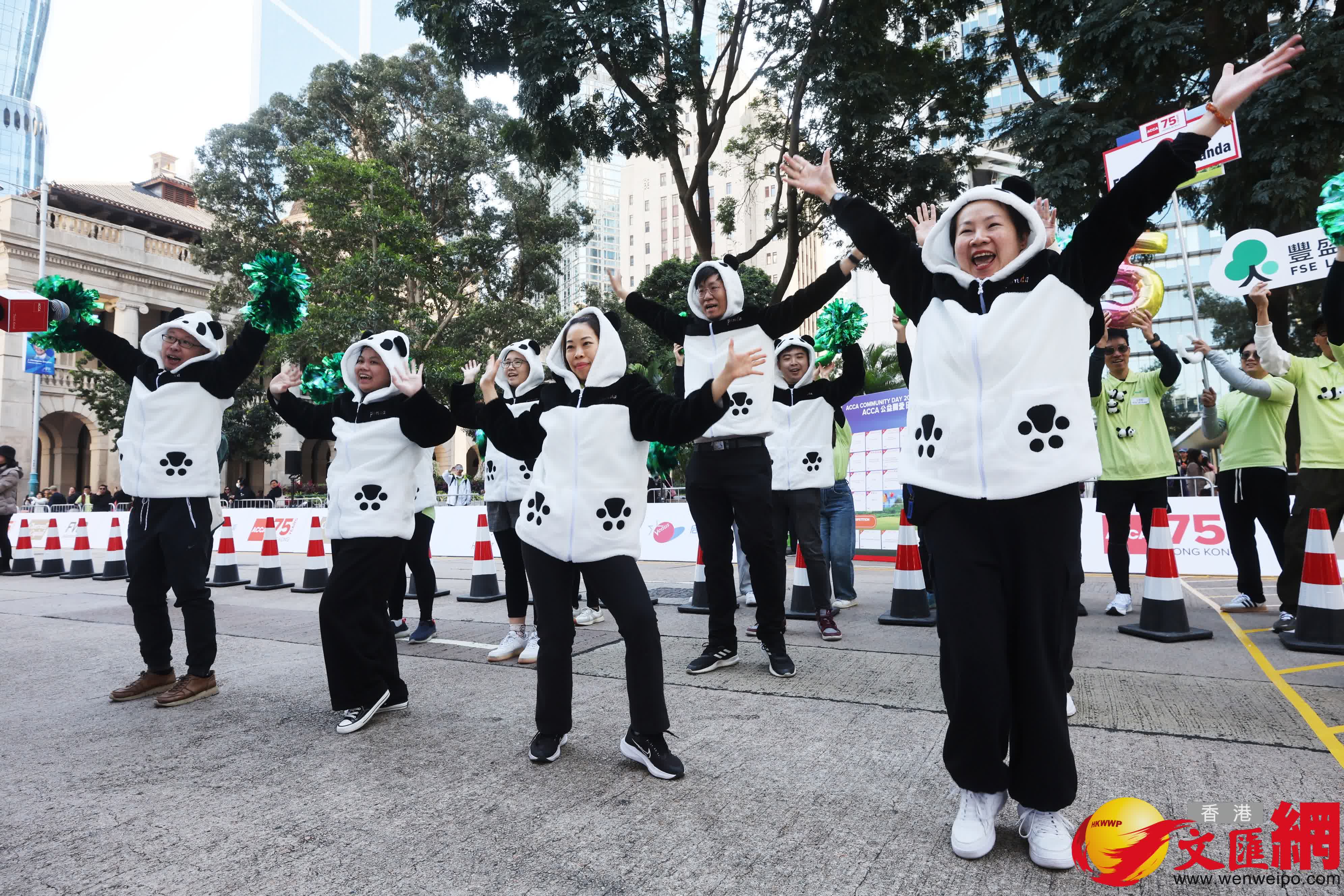 「ACCA公益關(guān)愛日」人力車大賽今（1月11日）於中環(huán)遮打道行人專用區(qū)舉行，有隊(duì)伍成員趁熊貓熱打扮成熊貓。 (香港文匯報(bào)記者郭木又 攝)